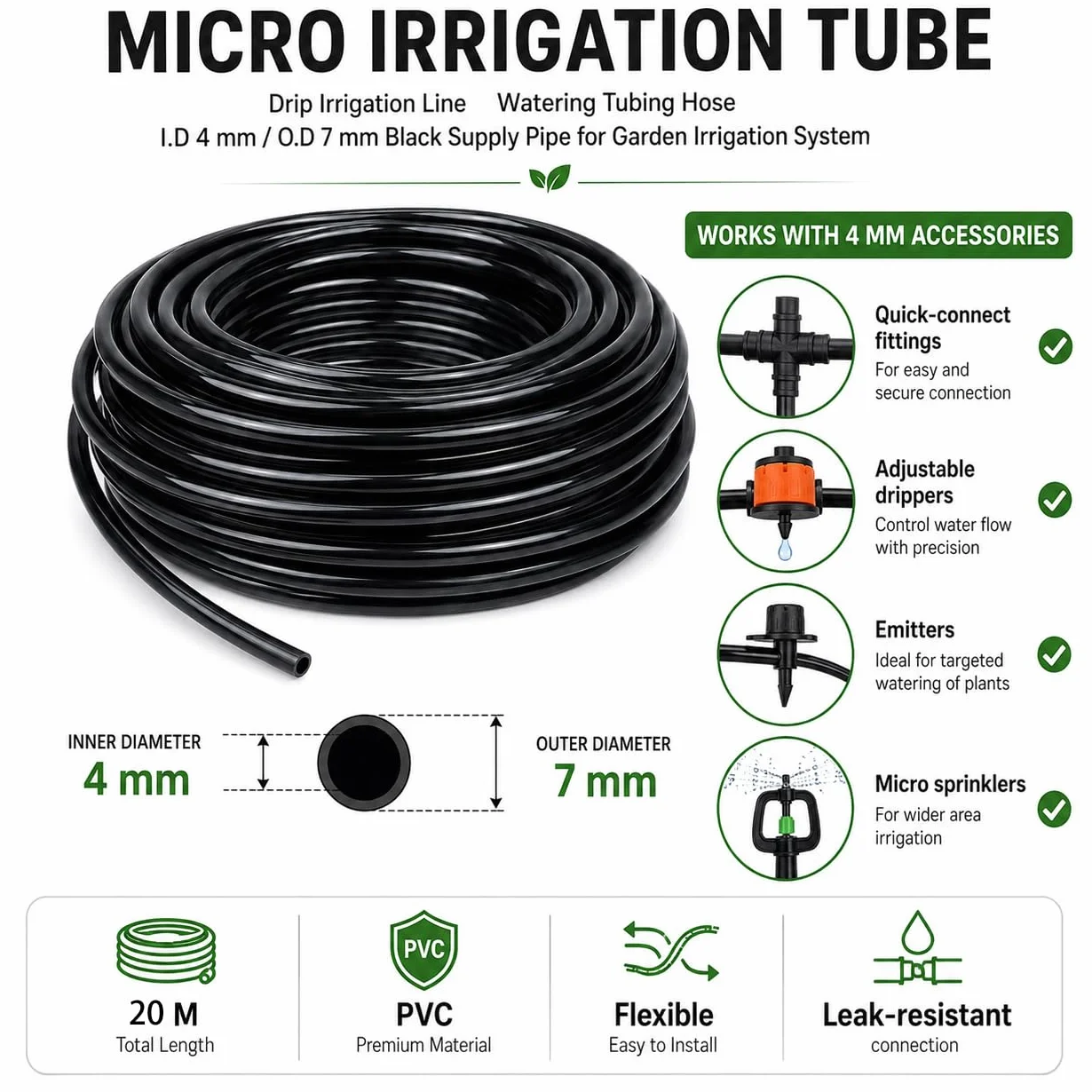 Tuyau d'irrigation goutte à goutte 30 mètres 4mm/6mm noir