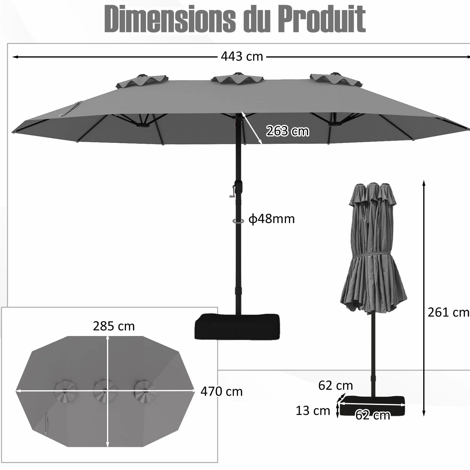 Parasol Double RELAX4LIFE 4,7M avec Pied, Manivelle, 12 Baleines, Base Croix, Protection Solaire Jardin Terrasse Gris