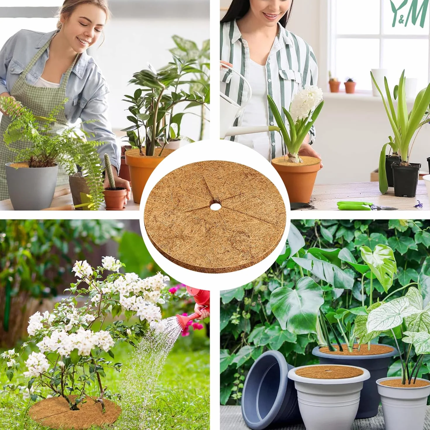Disque de Paillage 30cm Coco 4pcs Fibre de Coco Respirante pour Plantes en Pot Jardin