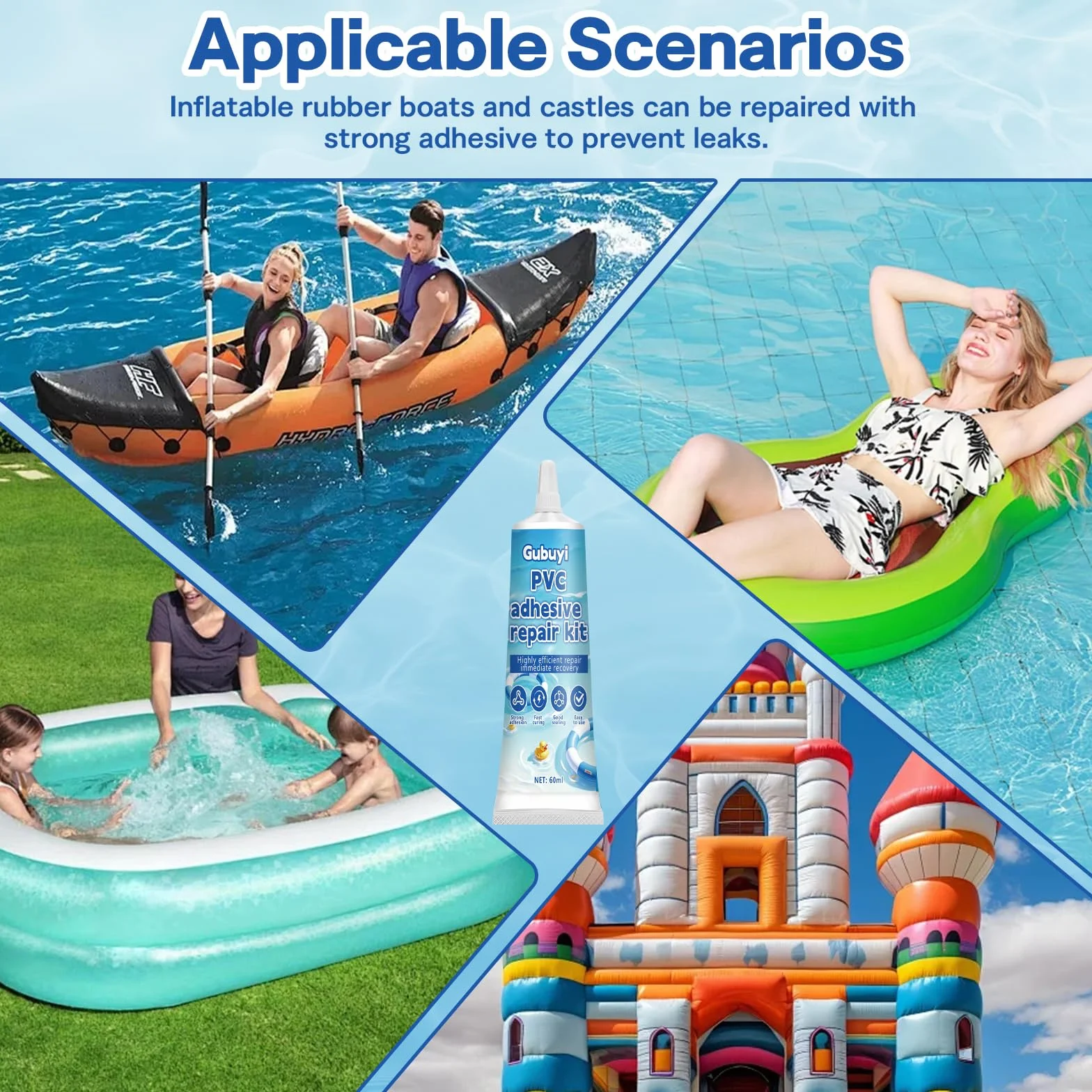Kit Réparation Piscine 60ml, Rustine Transparente Imperméable, Colle PVC pour Matelas Gonflable et Liner