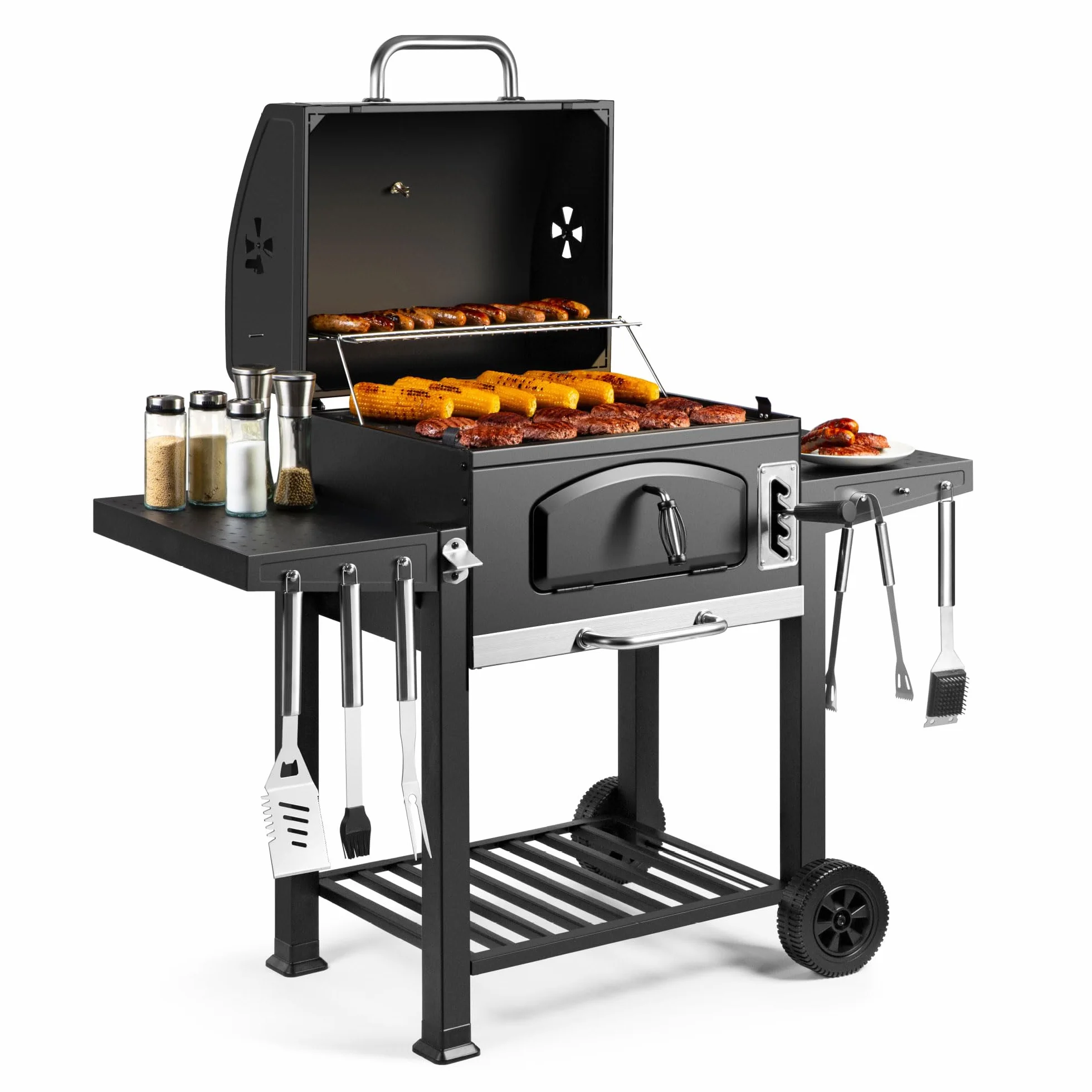 VonHaus Barbecue au Charbon XL avec Grille de Maintien au Chaud et Tablettes Rabattables – Grill et Fumoir 2-en-1