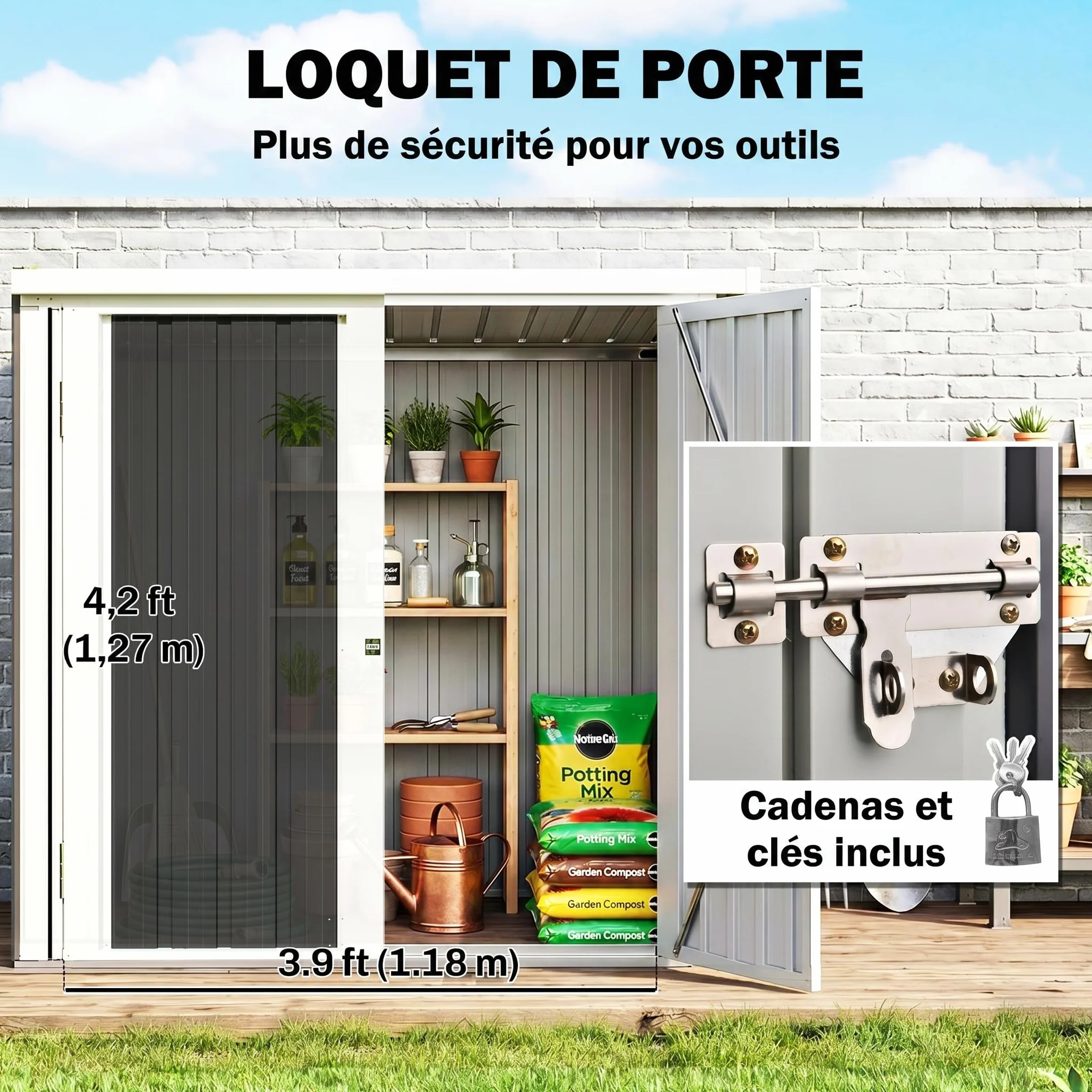 Outsunny Abri de Jardin 1,09 m² Cabanon Rangement Outils 2 Portes verrouillables 147L x 86l x 134H cm tôle d'acier Noir Blanc