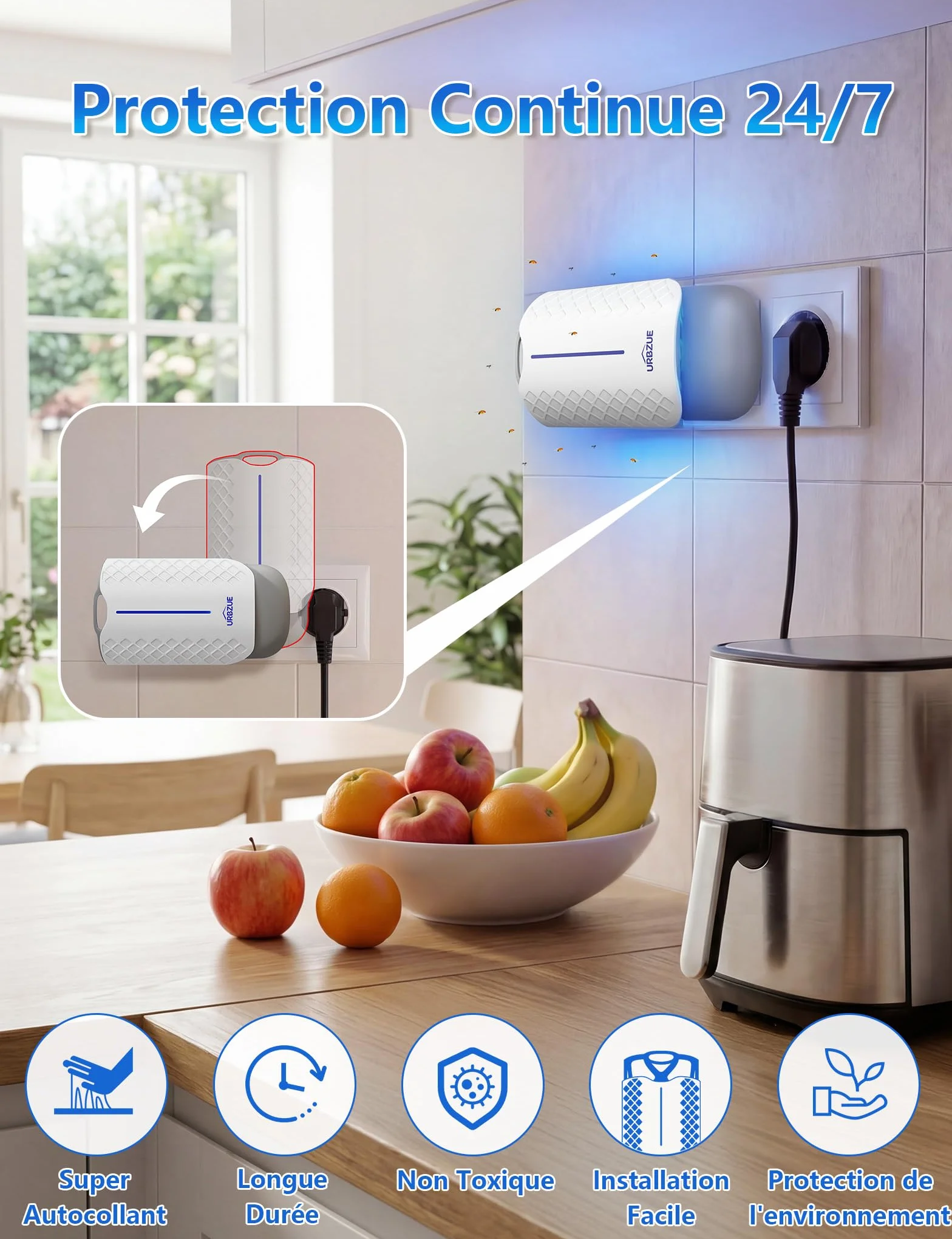 Piège Moucherons Intérieur UV avec Prise Rotative 180°, Anti Moustiques, 1 Appareil + 6 Recharges
