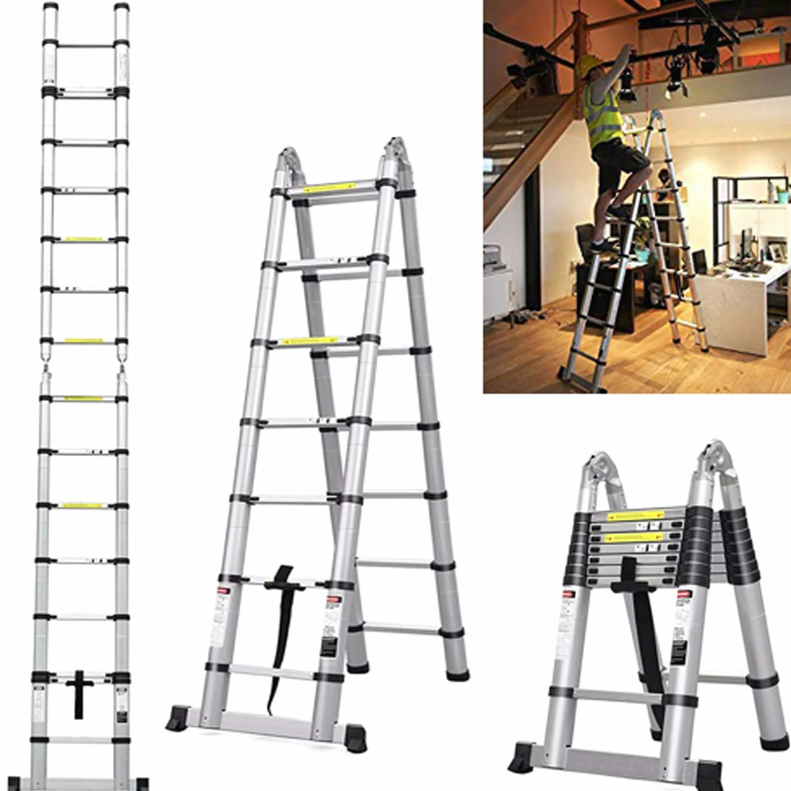 Royalswill Échelle télescopique de 3,8 m, extension de 1,9 m + 1,9 m, cadre en A, multifonction, pliable, en aluminium, léger, portable, capacité de 150 kg, EN131, argent