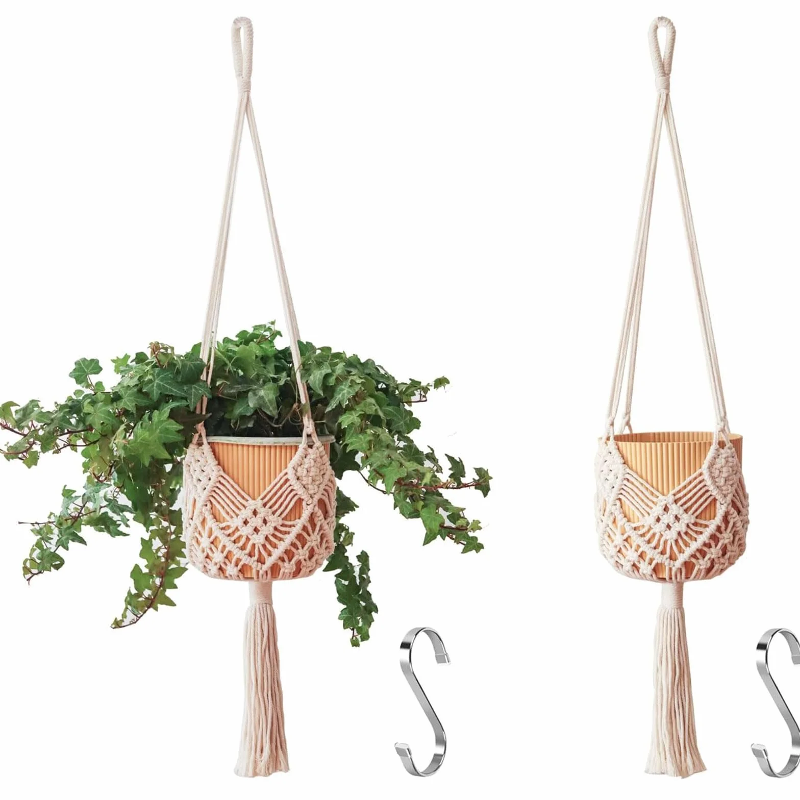 Suspensions Macramé pour Plantes Lot de 2, Supports Boho Intérieur Extérieur, Jusqu'à 20 cm