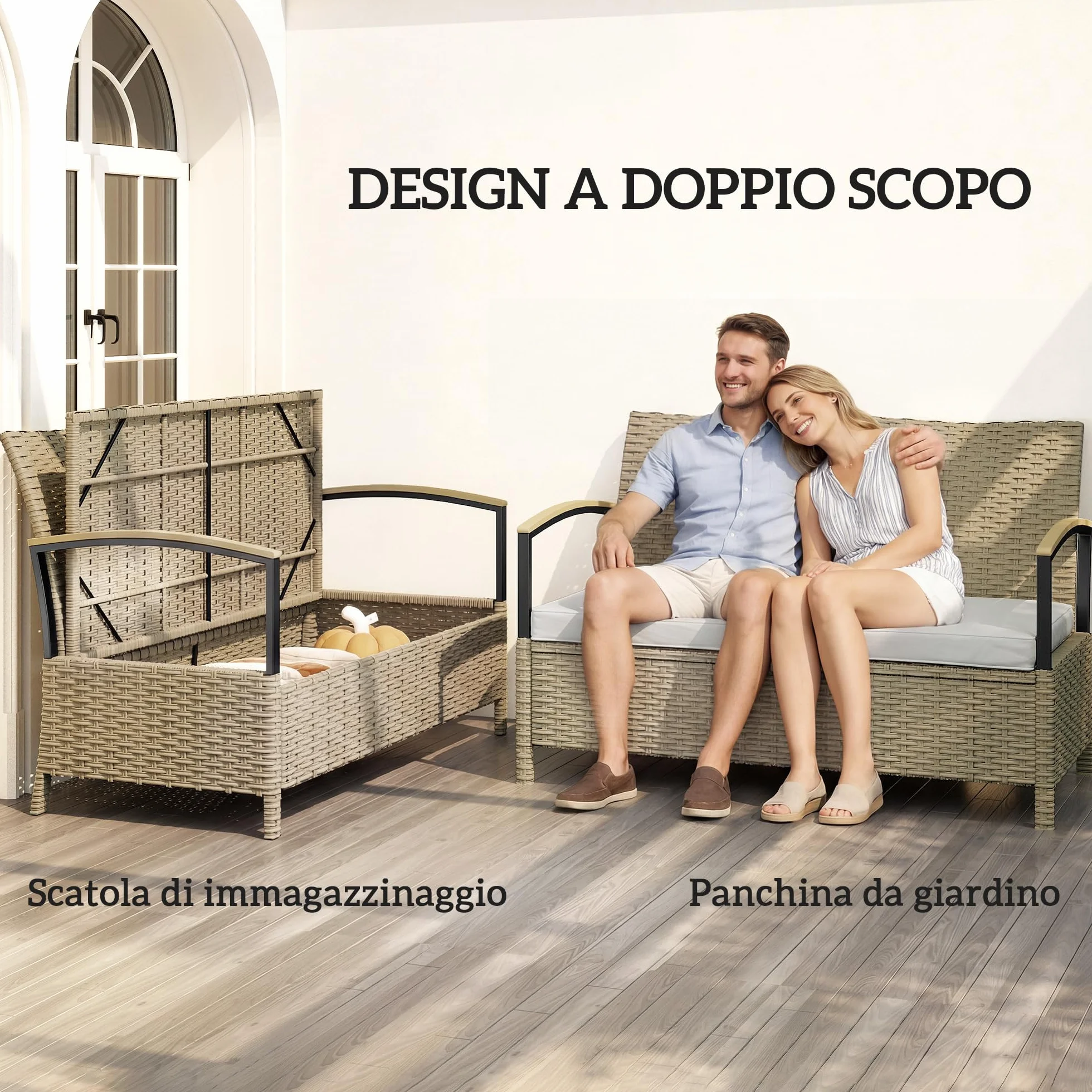 Outsunny Coffre d'extérieur Banc Jardin Rangement 125 L Canapé 2 Places Rotin PE Coussin Métal Terrasse Kaki