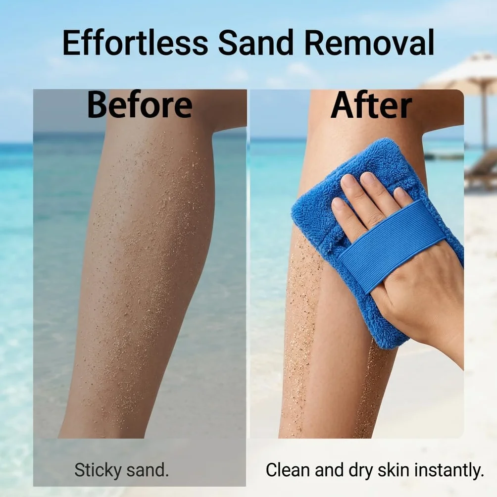 Ensemble 2 Pièces pour Éliminer Le Sable de Plage Brosse à Sable avec Gant Doux, Nettoyant à Sable Réutilisable et Sac de Rangement Accessoires de Plage pour Vacances et Camping