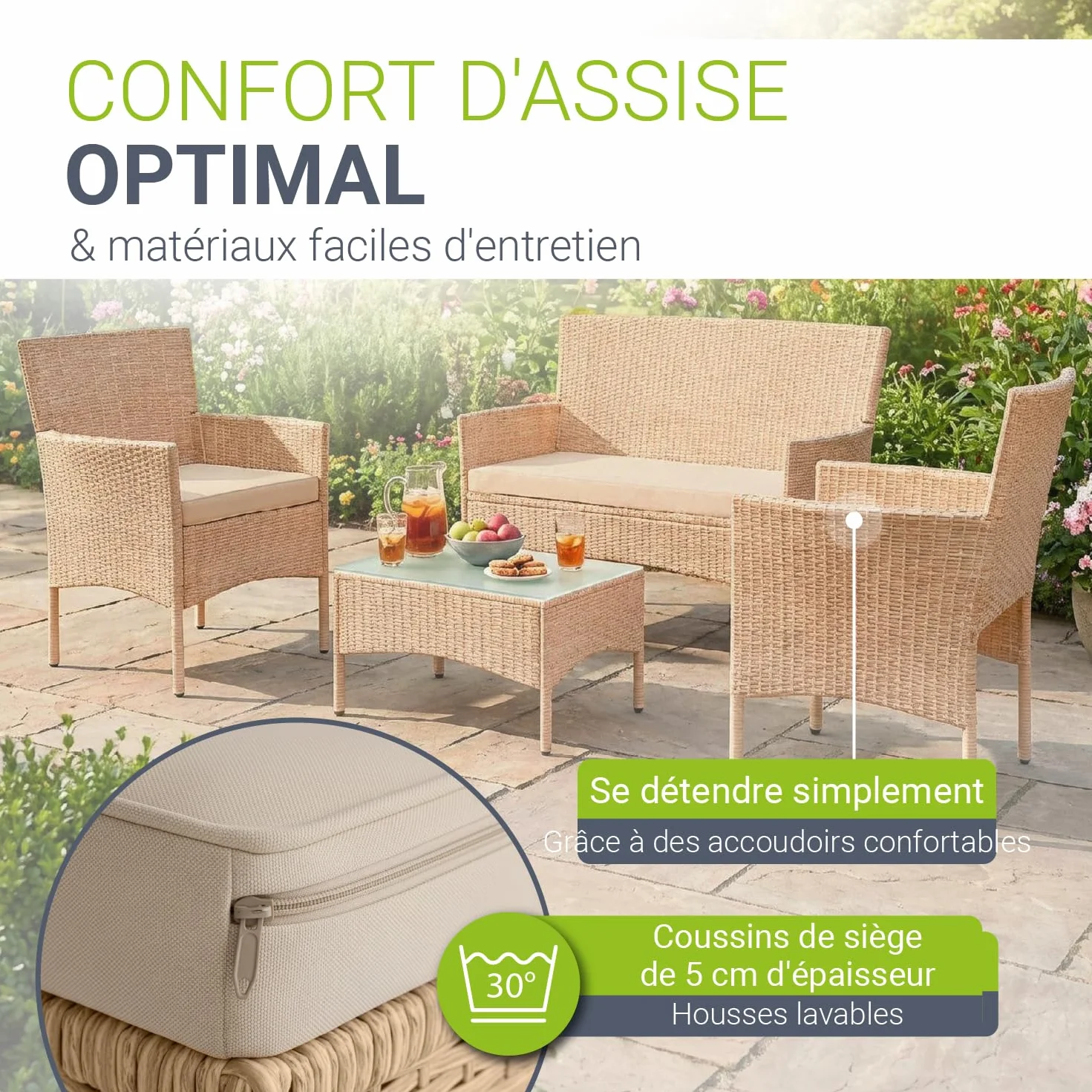 Juskys Salon de Jardin Fort Myers 4 Places résine tressée canapé 2 Places 2 fauteuils table coussins