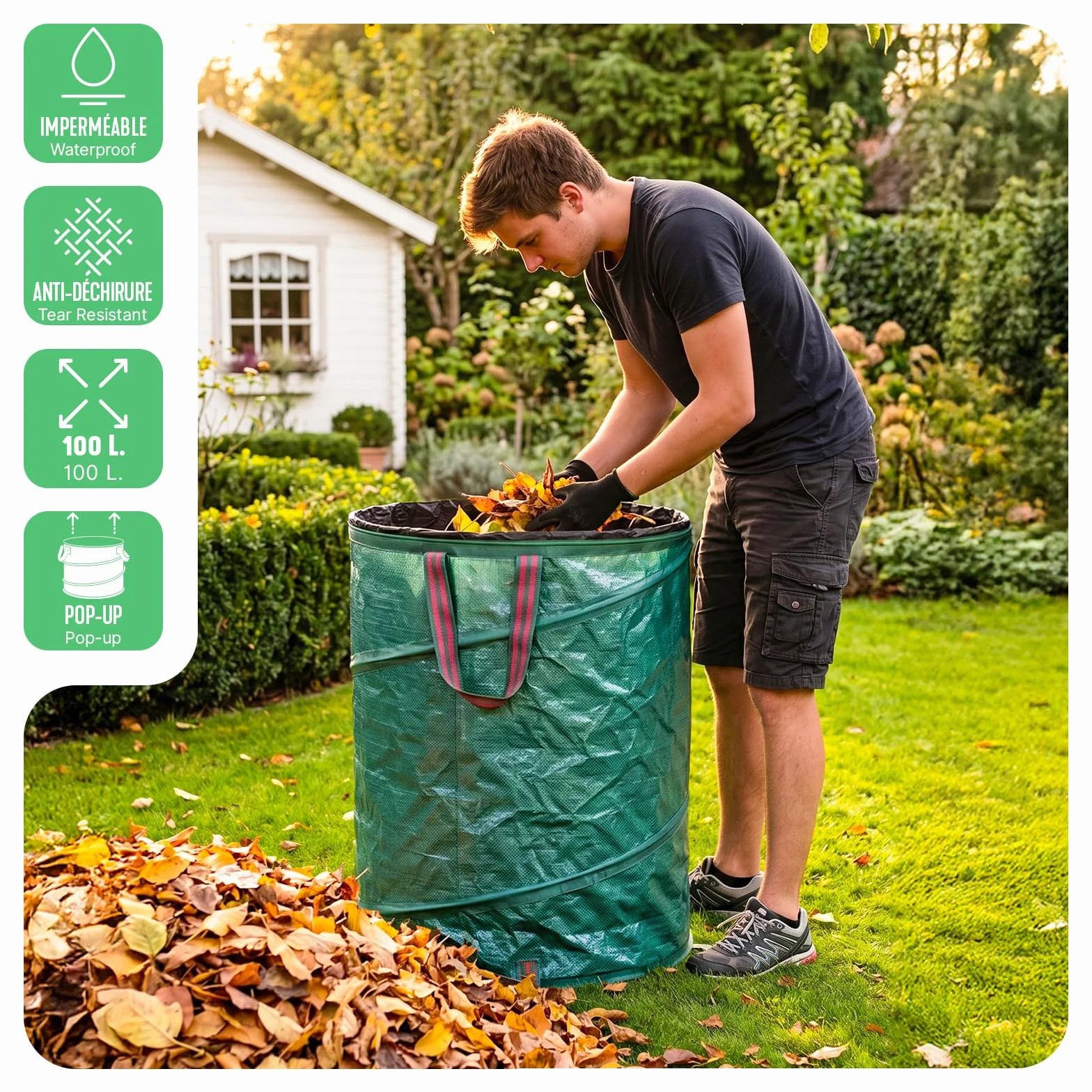 Lot de 3 Sac de Jardin Pop up 100L Polyéthylène Robuste avec Poignées Pliable Vert