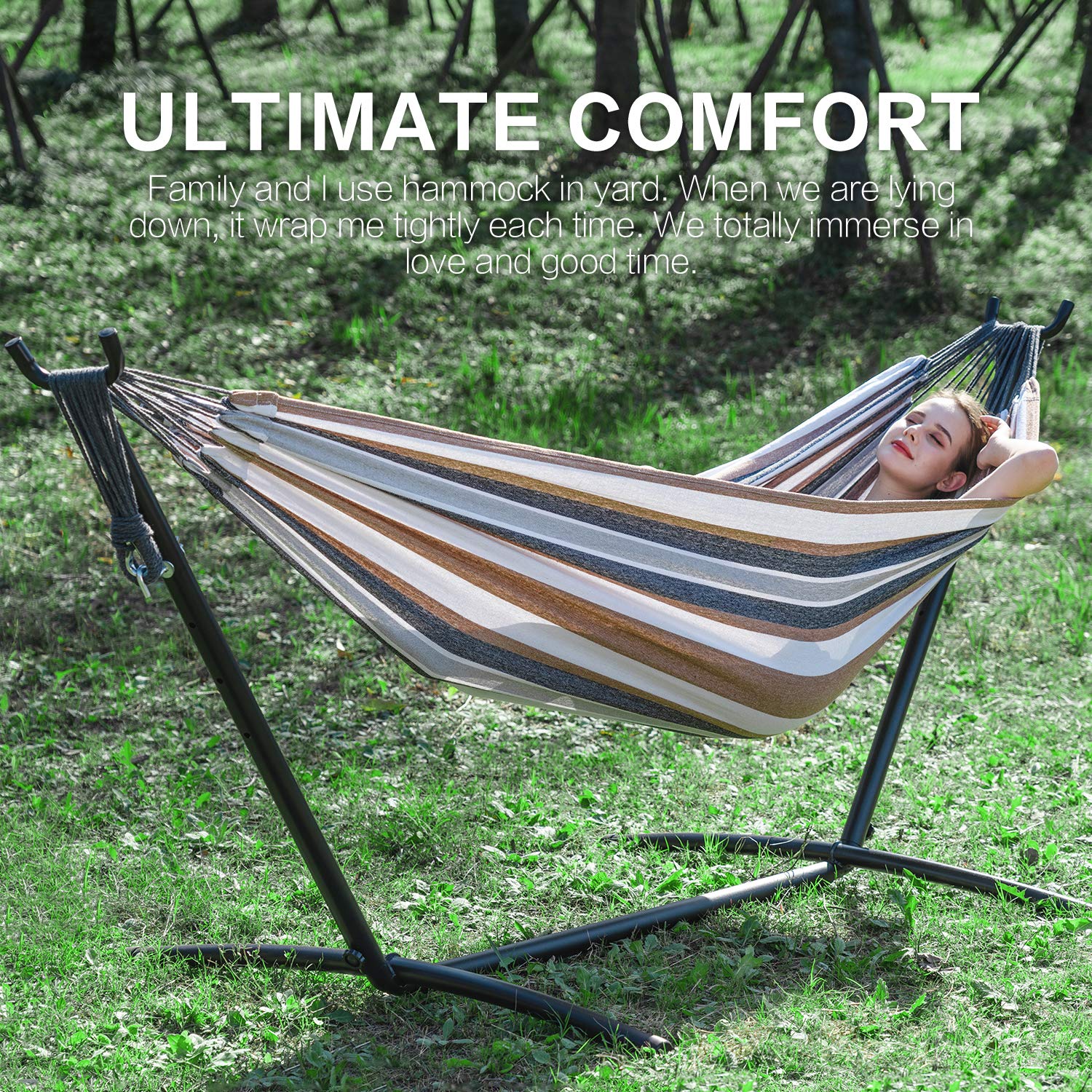 Two-Person Double Hammock with Steel Stand - Coffee