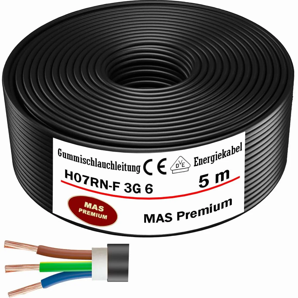 MAS Premium Câble d'alimentation en caoutchouc H07RN-F 3G6 mm² - Flexible avec conducteur de protection pour appareils lourds - De 5 à 50 m - 5 m