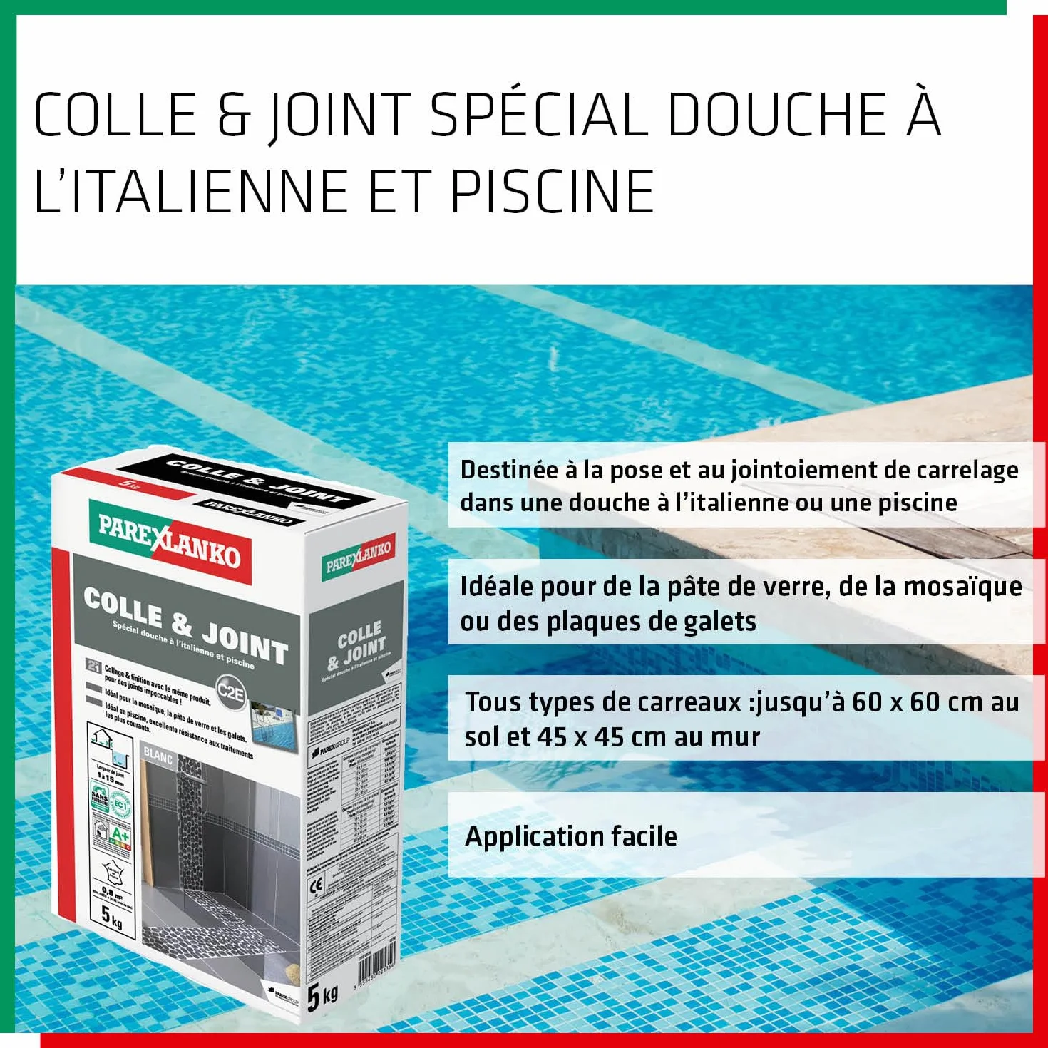Parexlanko - Colle & Joint - Spécial Douche à l 'Italienne et Piscine - 2 en 1- Collage & Finition - Blanc - Joints de 1 à 15 mm - 5 kg