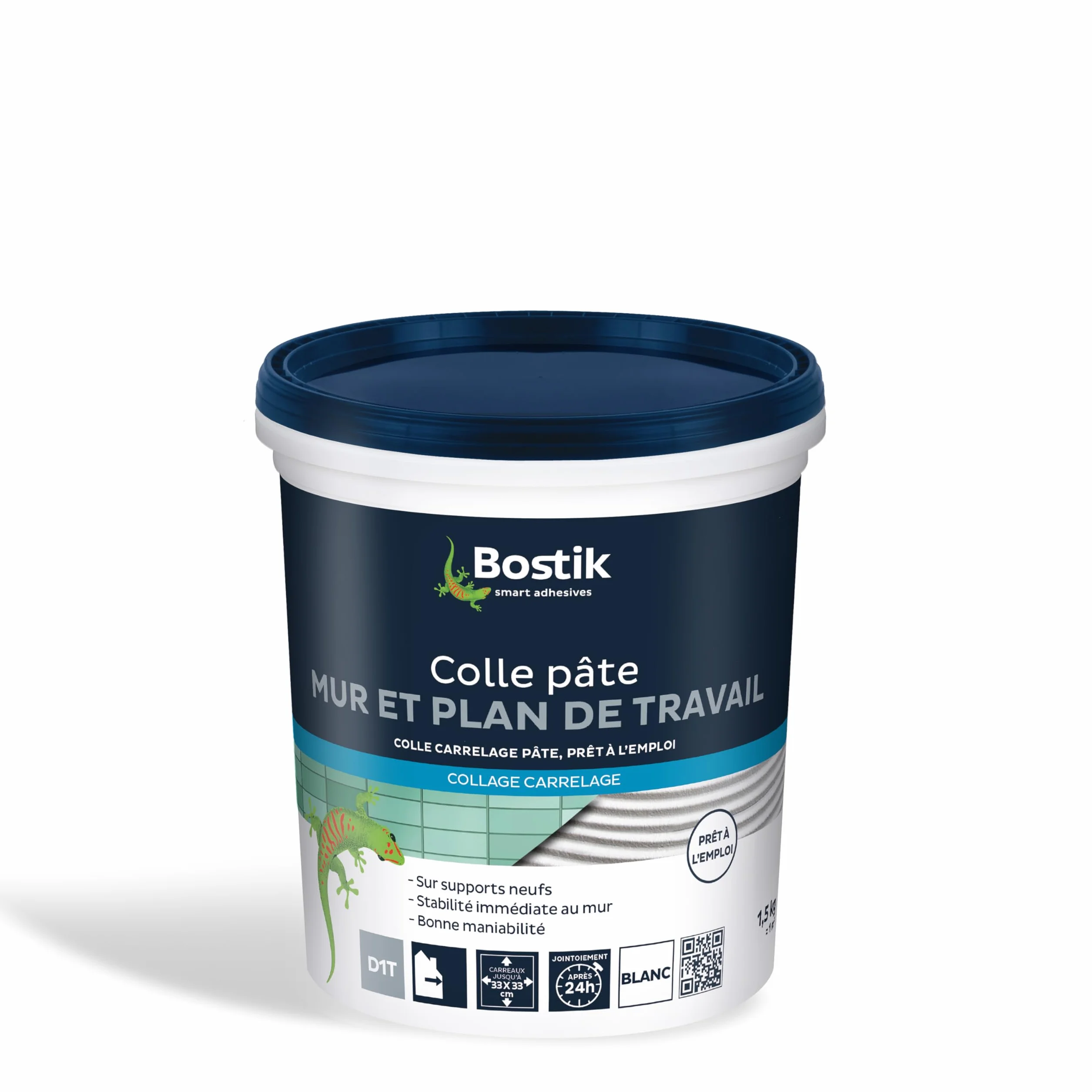 Bostik Colle Carrelage Spéciale Mur et Plan de Travail, Pâte prête à l'emploi, Stabilité Immédiate, Blanc, Pot de 1.5 Kg, N.c.