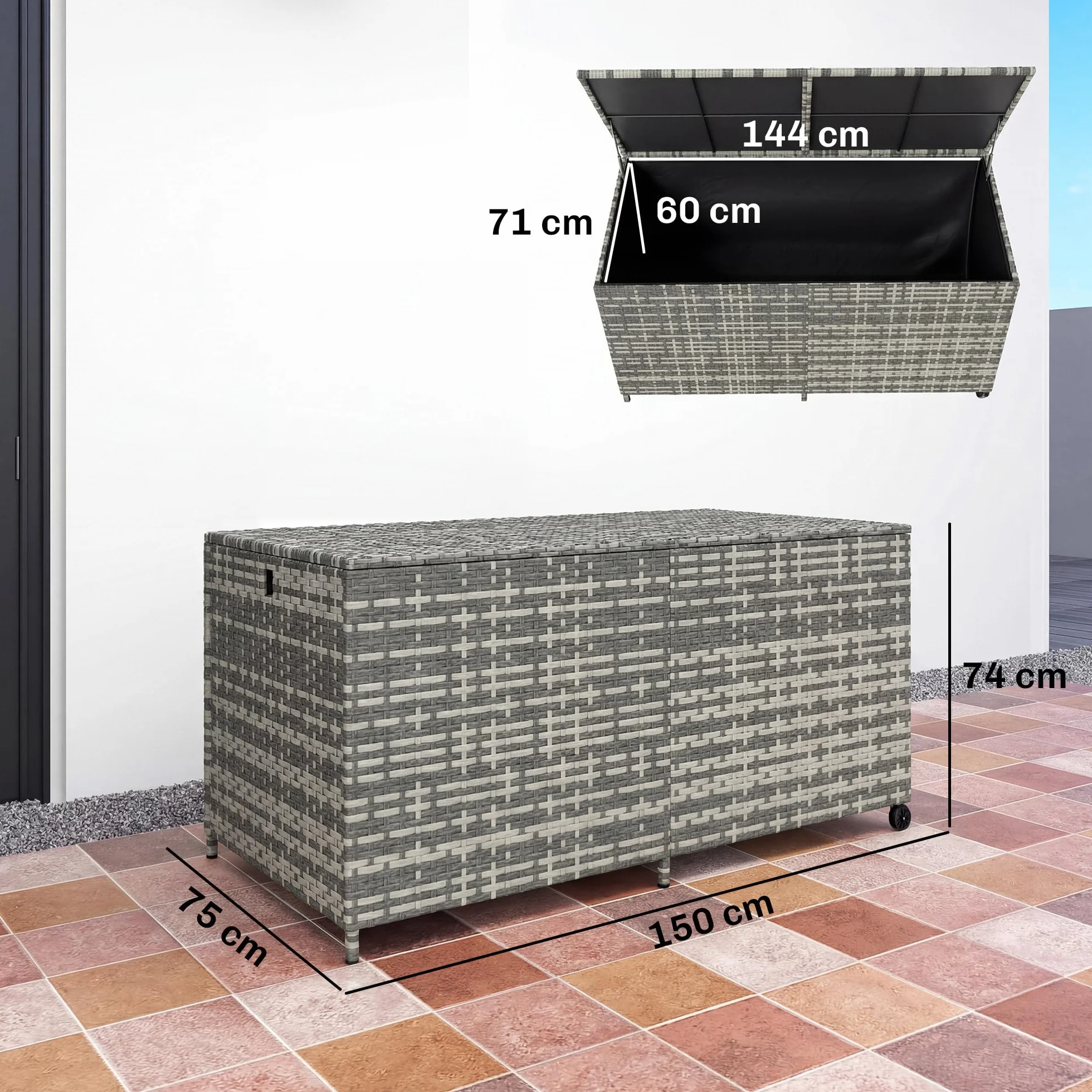 Outsunny Coffre de jardin résine tressée 650 L imperméable extérieur rangement avec doublure zippée tige pneumatique sécurisée 2 roues 150x75x74 cm gris