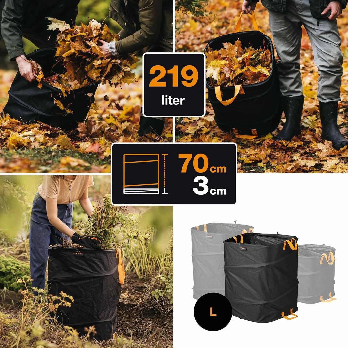 Fiskars Grand Sac à végétaux pop-up 219 l, 70 cm, Noir/Orange