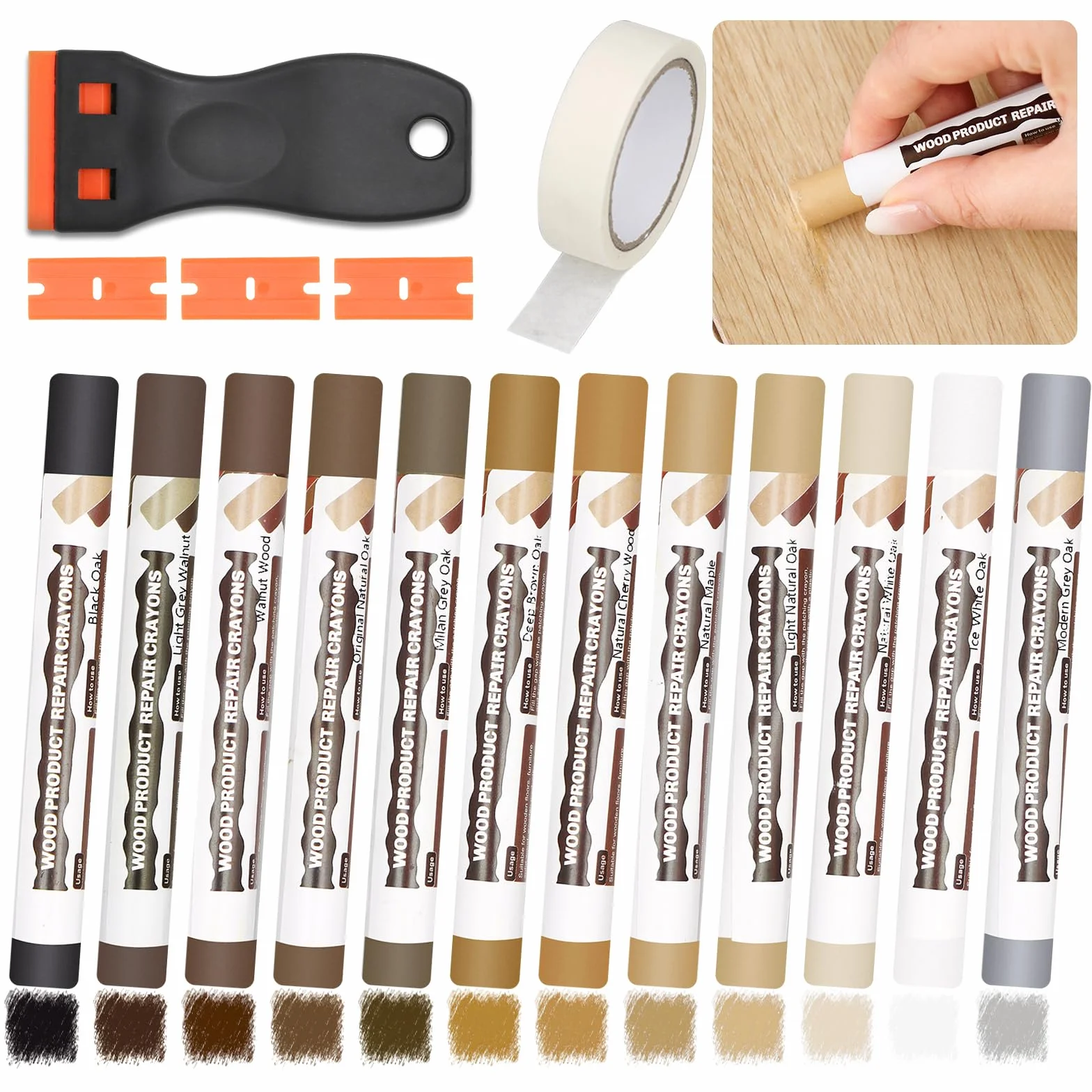 Pate a Bois 12 Couleurs Brun, Pate a Bois Rebouchage, Kit Reparation Parquet, Mastic Bois, Kit Reparation Carrelage, Parquet Stratifié, pour Trous, Rayures et Fissures sur Stratifié