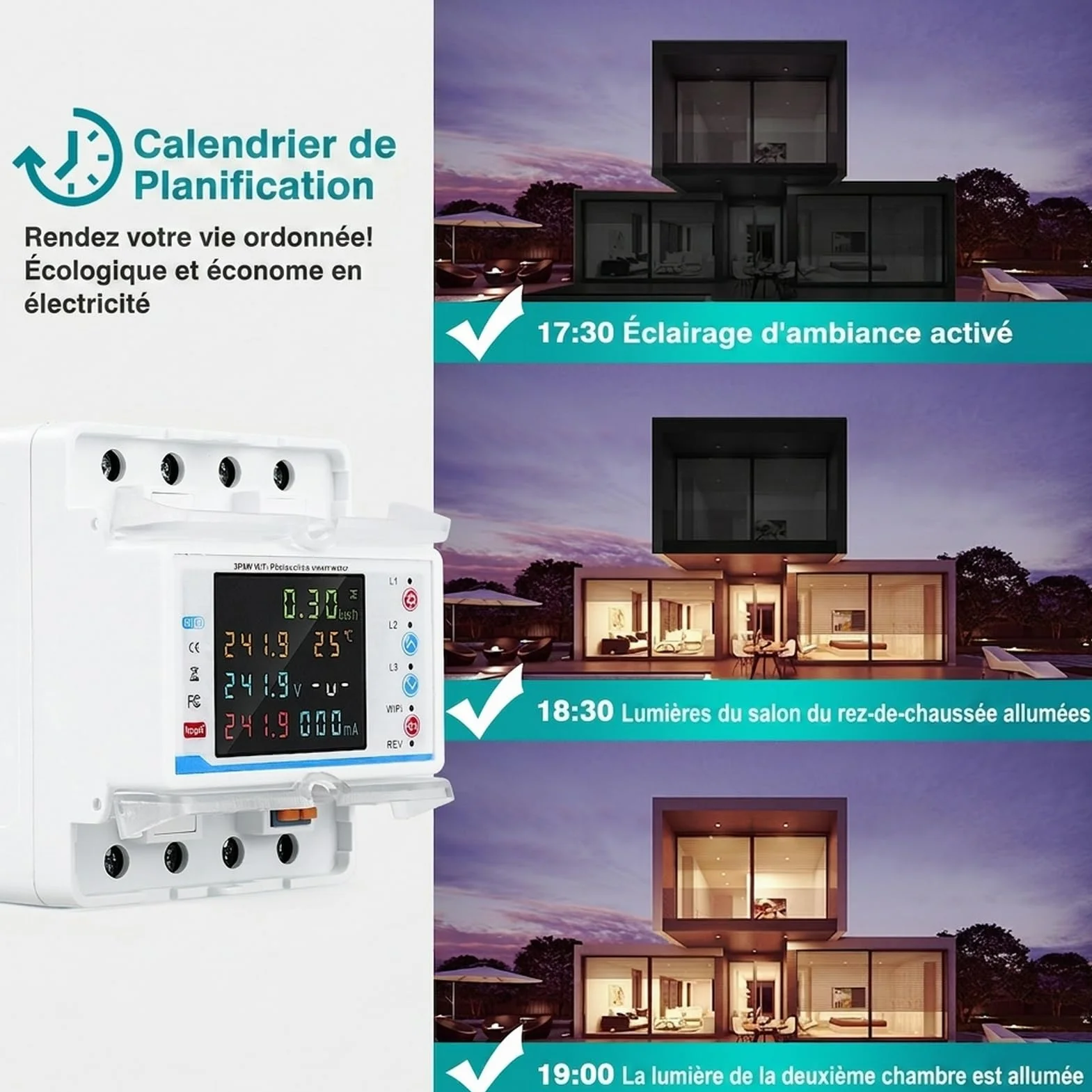 Wifi compteur electrique consommation triphasé 100A 380V AC Smart meter compteur électrique wifi bidirectionnel avec contrôle du temps/protection contre les surtensions/surintensités.