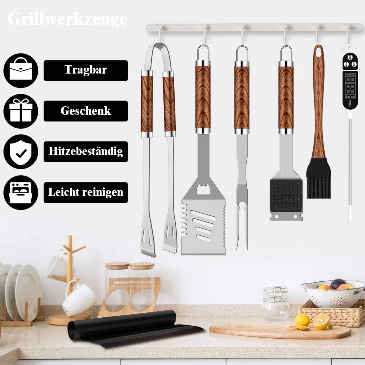 Grilliance Kit d'accessoires pour Barbecue Professionnel, 26 pièces en Acier Inoxydable avec Boîtier Aluminium Marron