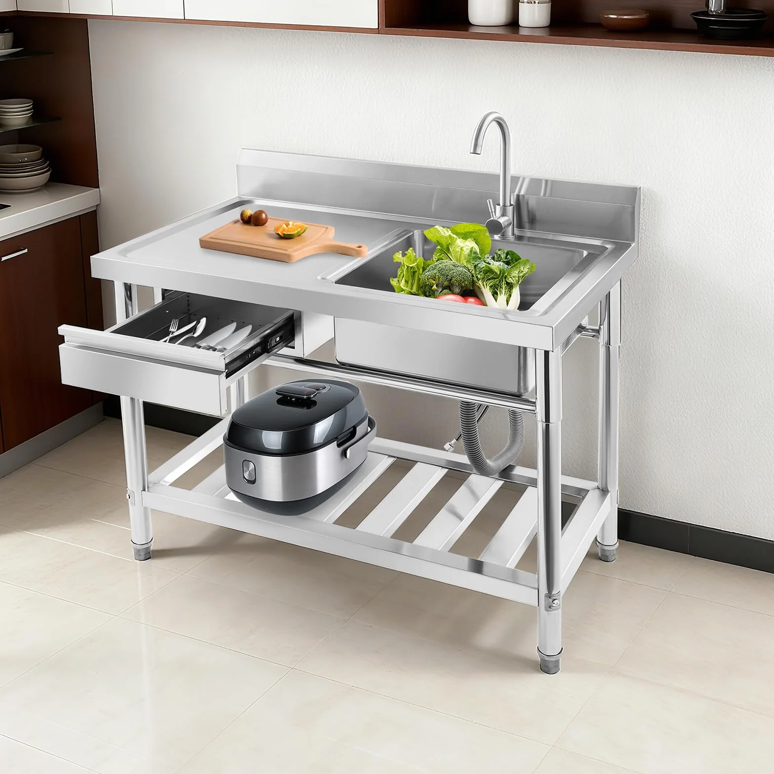 Évier indépendant acier inoxydable extérieur 100x60x80 cm robinet pivotant 360°