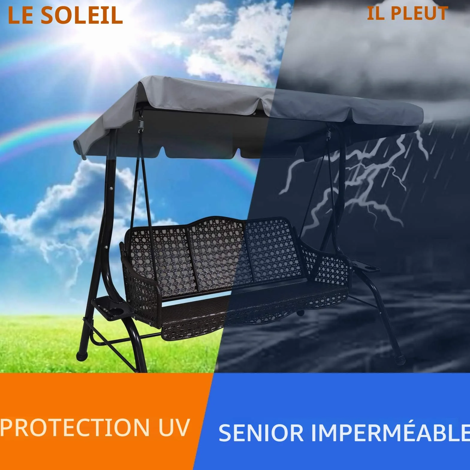 Housse de Rechange Toit Balancelle Jardin Imperméable Protection UV Gris L
