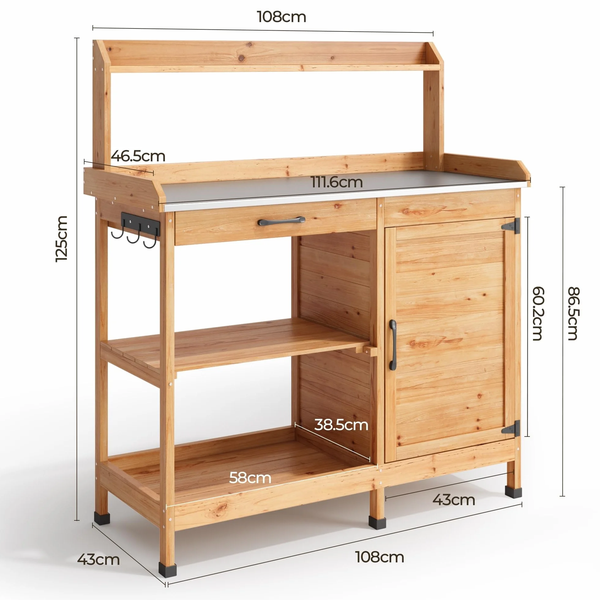 Table de Jardinage en Bois avec Plan de Travail Galvanisé 112x46x125 cm Naturel