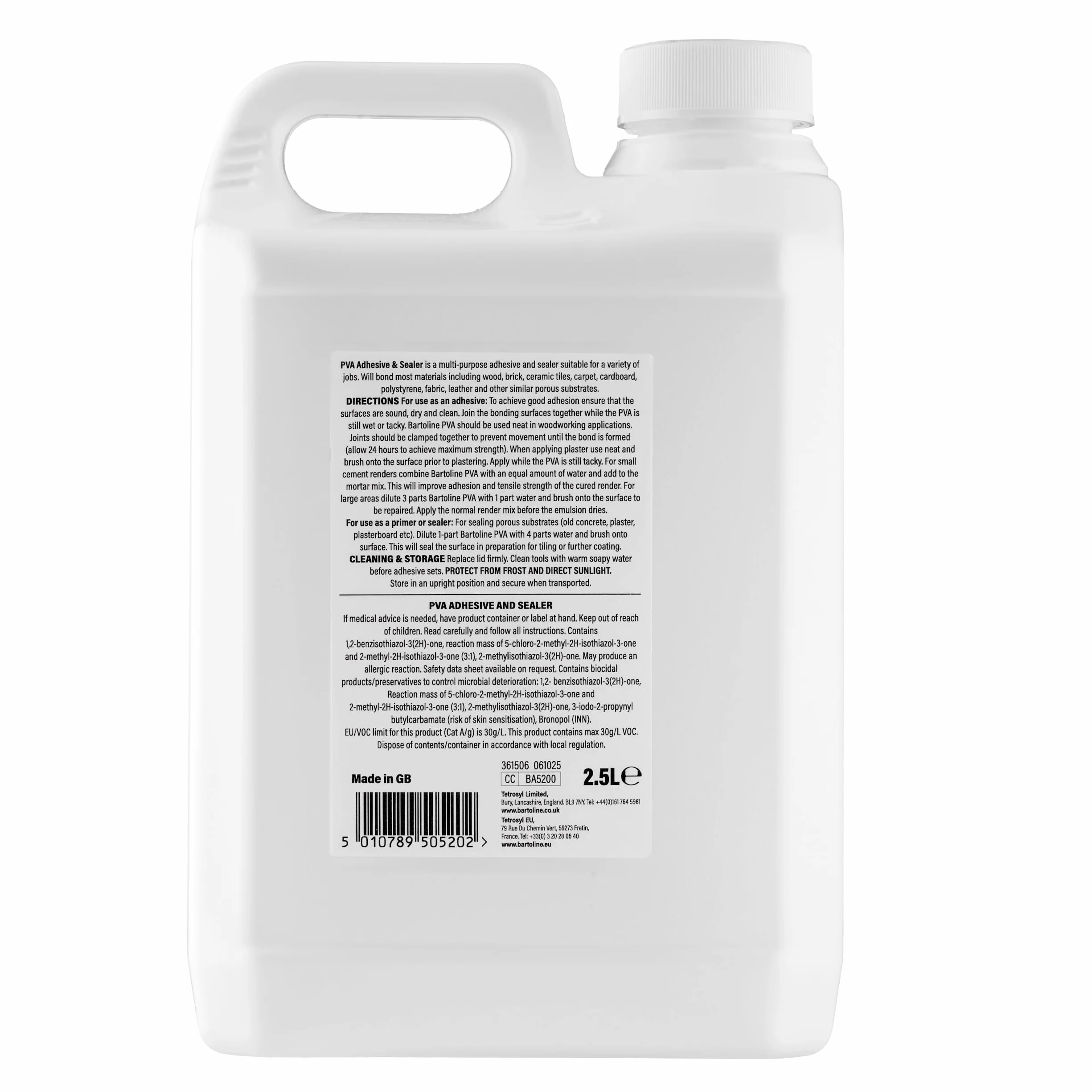 Bartoline Colle et Scellant Pva Bartoline 2,5 L - Apprêt, Colle et Scellant Polyvalent pour Béton, Bois, Carreaux, Tissu et Plus encore, Anti-Poussière, Collage et Scellement