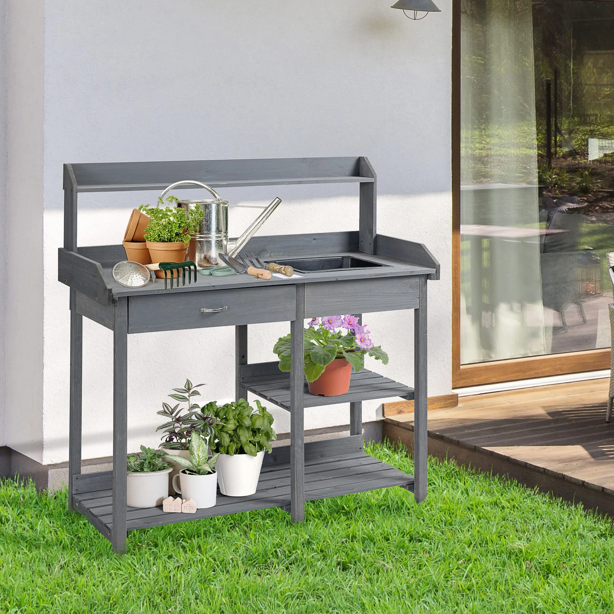 Outsunny Table de rempotage Multi-équipée Jardinage Bois Sapin Gris avec tiroir étagères évier Crochets