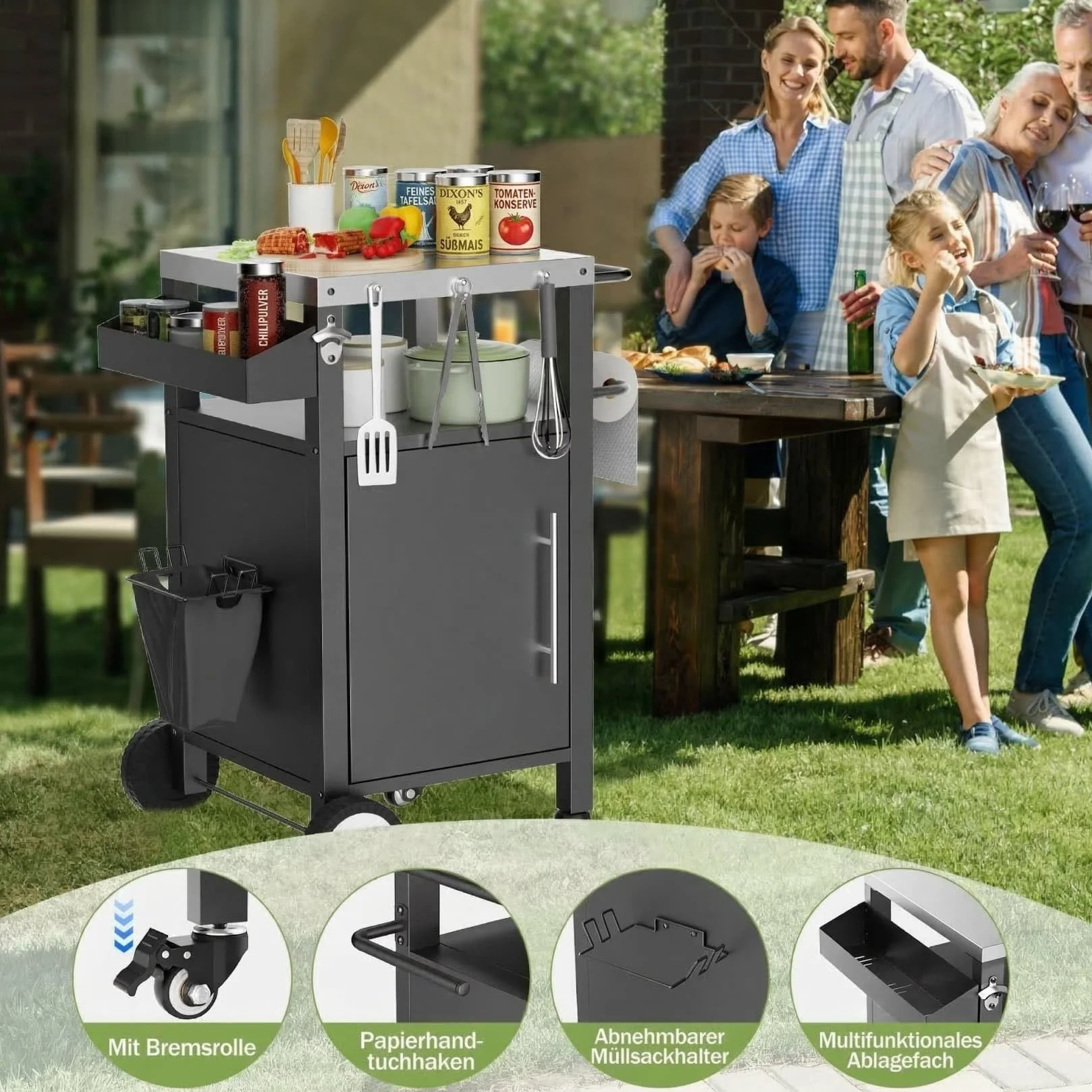 Desserte à roulettes de Jardin 46x46.2x87.9cm Chariot Barbecue Cuisine Exterieur avec Crochets Étagères Épices Armoire Noir