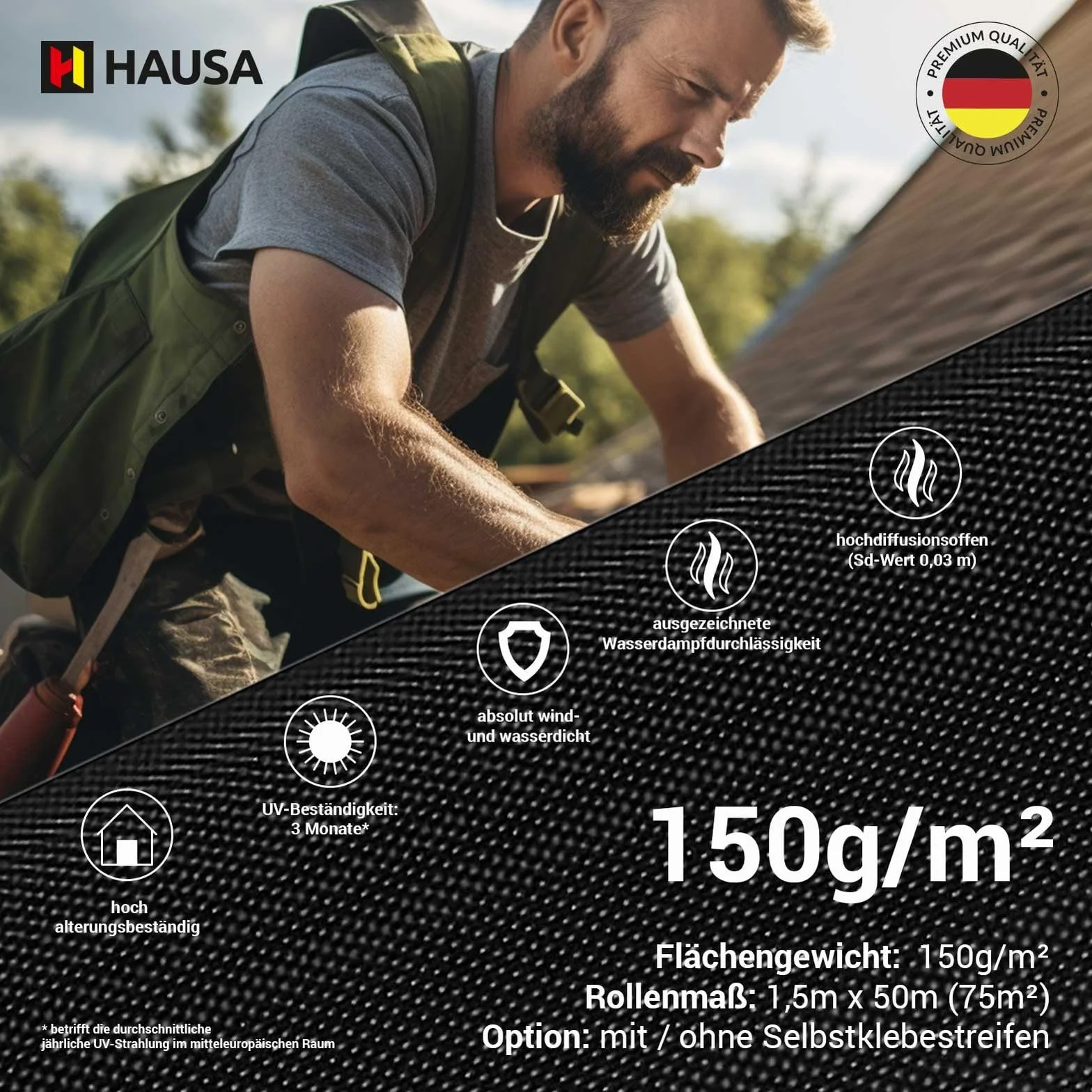 HAUSA membrane de sous-toiture Premium HU150 150g/m² 75m² (1,5mx50m) classe UDB-A/USB-A selon ZVDH, résistante à la pluie et ouverte à la diffusion, résistante aux UV, sans bande adhésive
