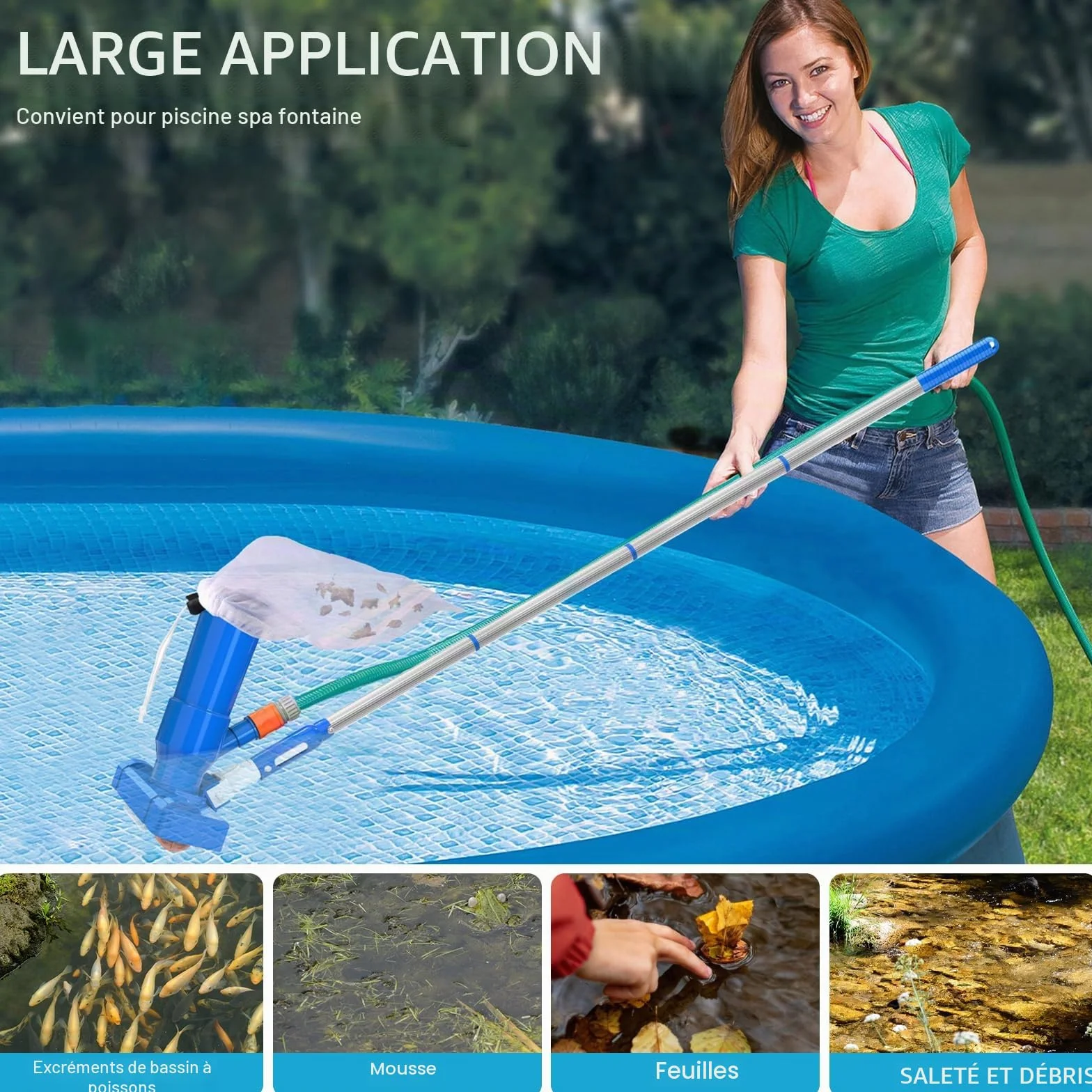 Aspirateur Piscine Portable avec Épuisette 168CM Nettoyeur à Jet 4 Tiges Amovible