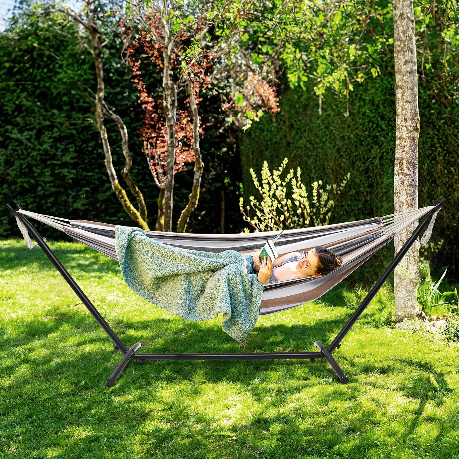 Bonnlo Hamac sur Pied Pliable avec Support Acier 150 kg Jardin Terrasse Balcon Marron 300x120x100 cm