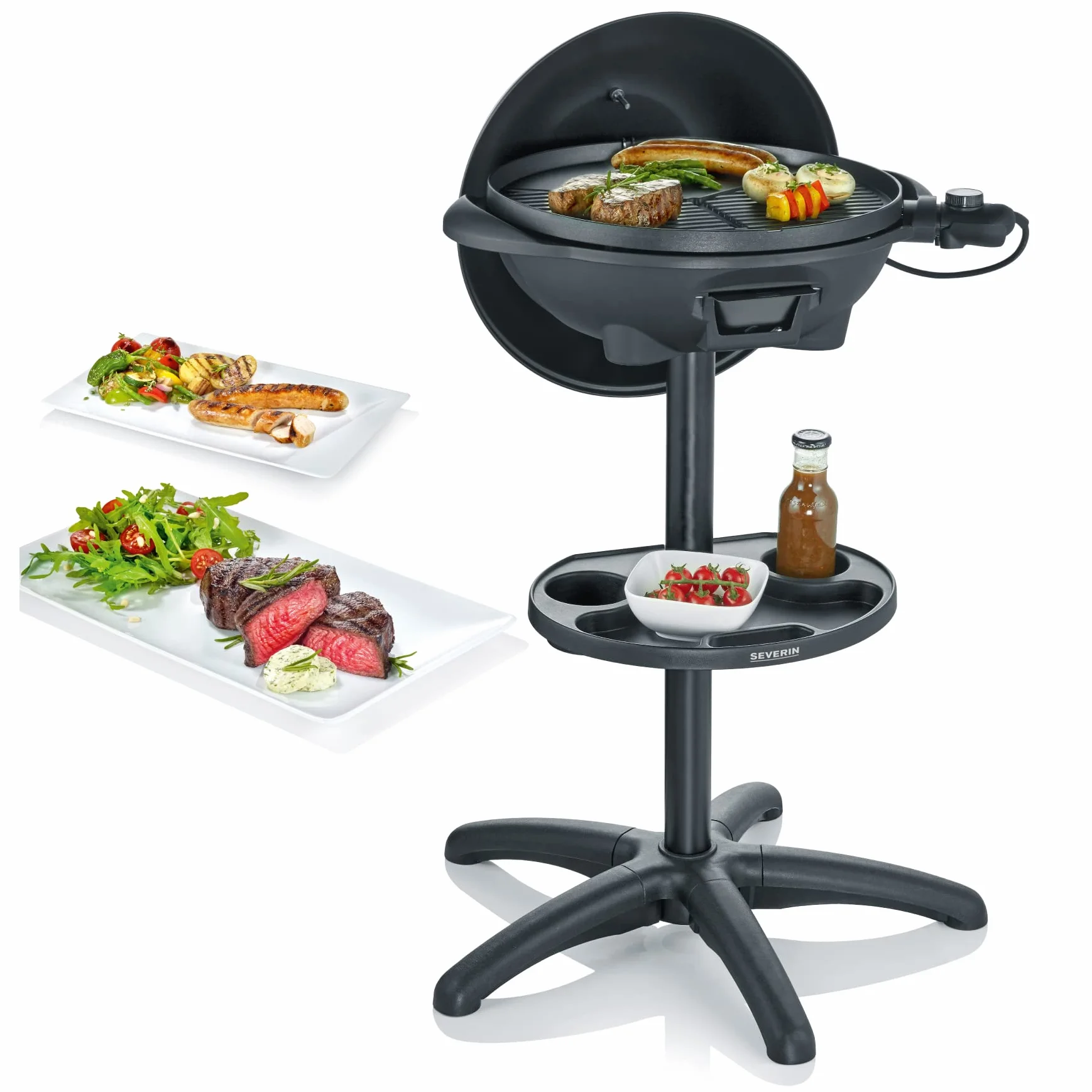 SEVERIN Barbecue électrique 2000 W grille fonte aluminium sur pieds couvercle thermomètre eBBQ noir PG 8541