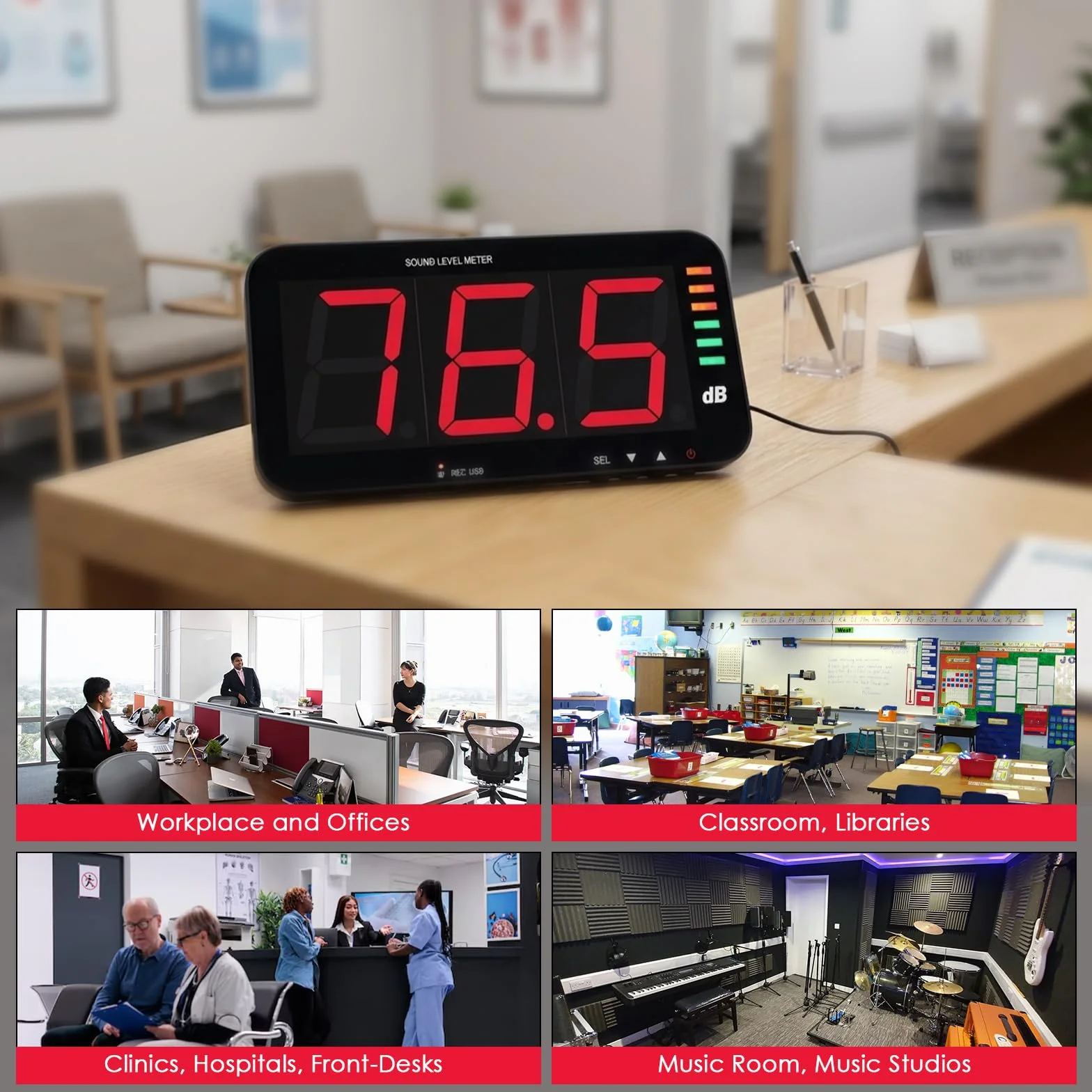 Sonomètre Numérique Mural (30 à 130 dB) Avec écran de 13 Pouces, Fonction D'enregistrement des Données et Alarme de Bruit, Compatible avec Une Connexion PC