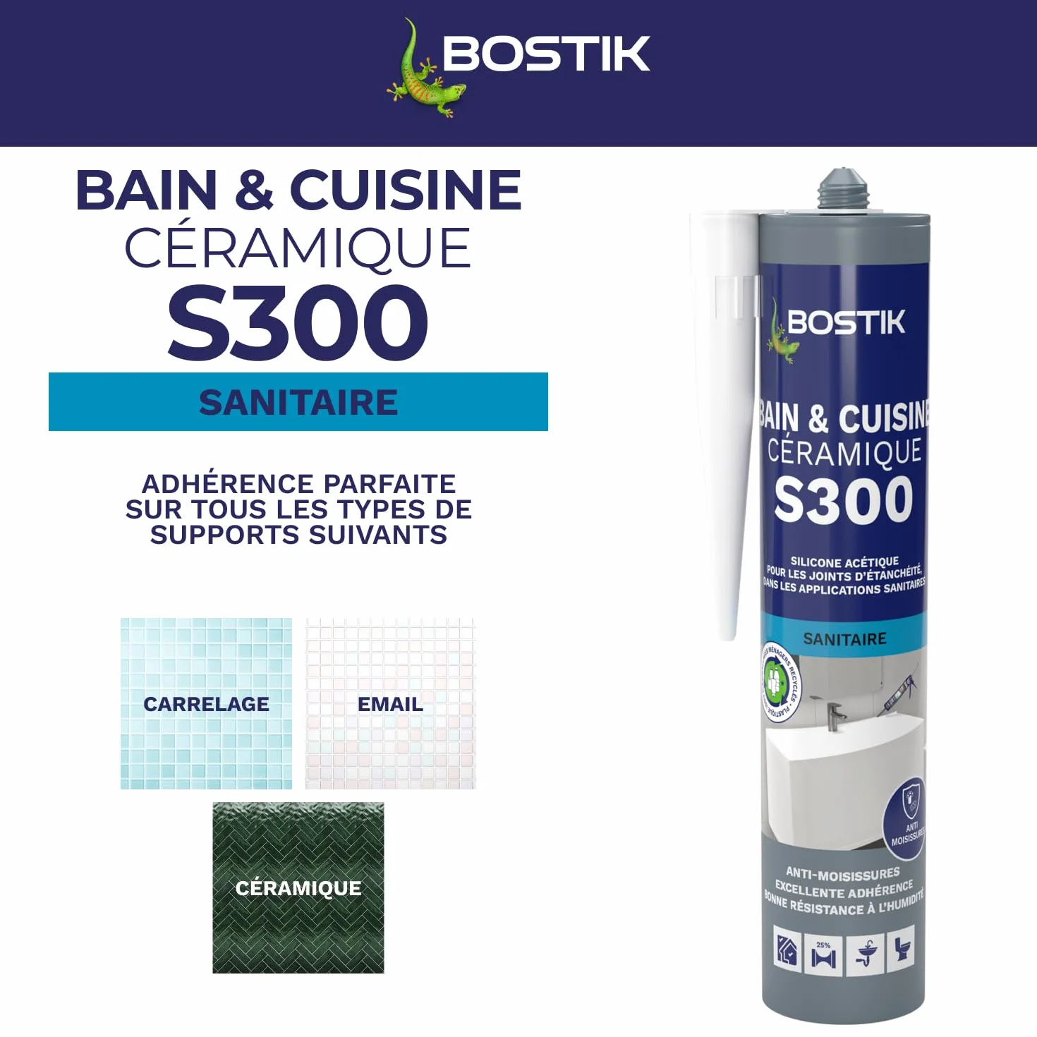 Bostik S300 – Mastic Silicone Etanchéité Bain et Cuisine – Traité Anti Moisissure – Facile à Lisser – Résiste aux Produits d'Entretien – Blanc – Cartouche de 300 ml