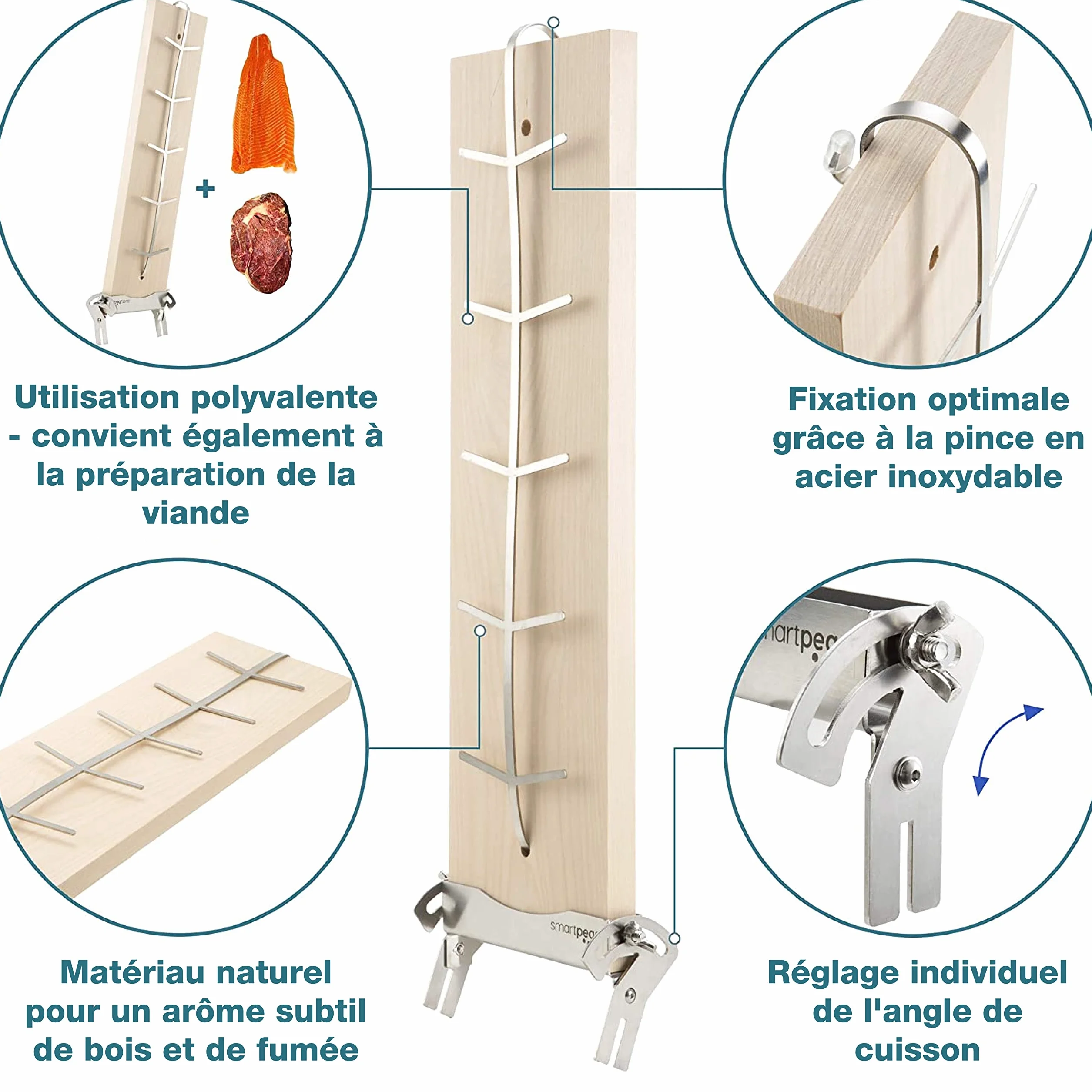 Planche à saumon ignifuge en bois de bouleau avec support en acier inoxydable inclinable et gants en silicone