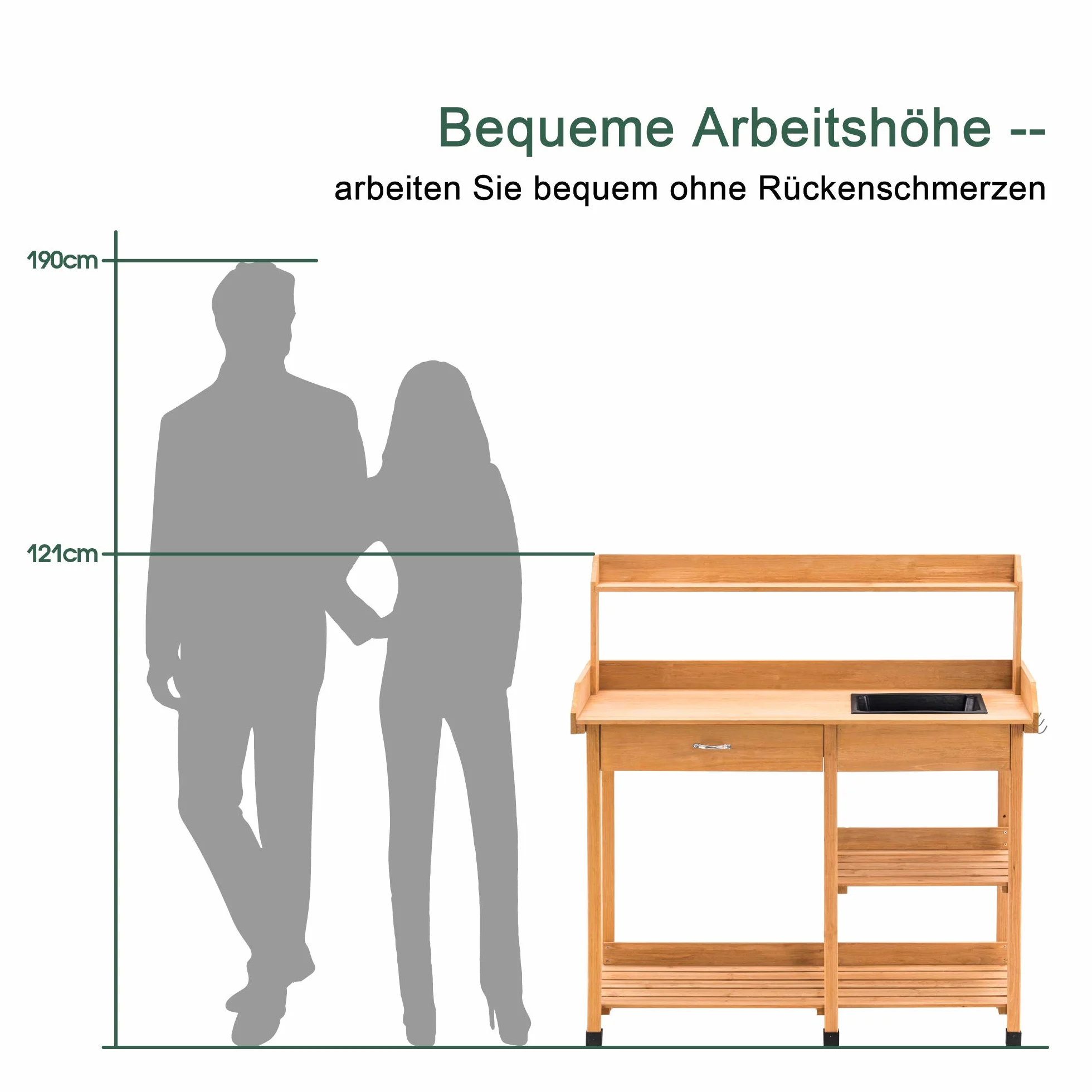 MCombo 0458 Table de Jardinage avec lavabo tiroir étagère Bois résistant intempéries 115x45x121 cm Naturel