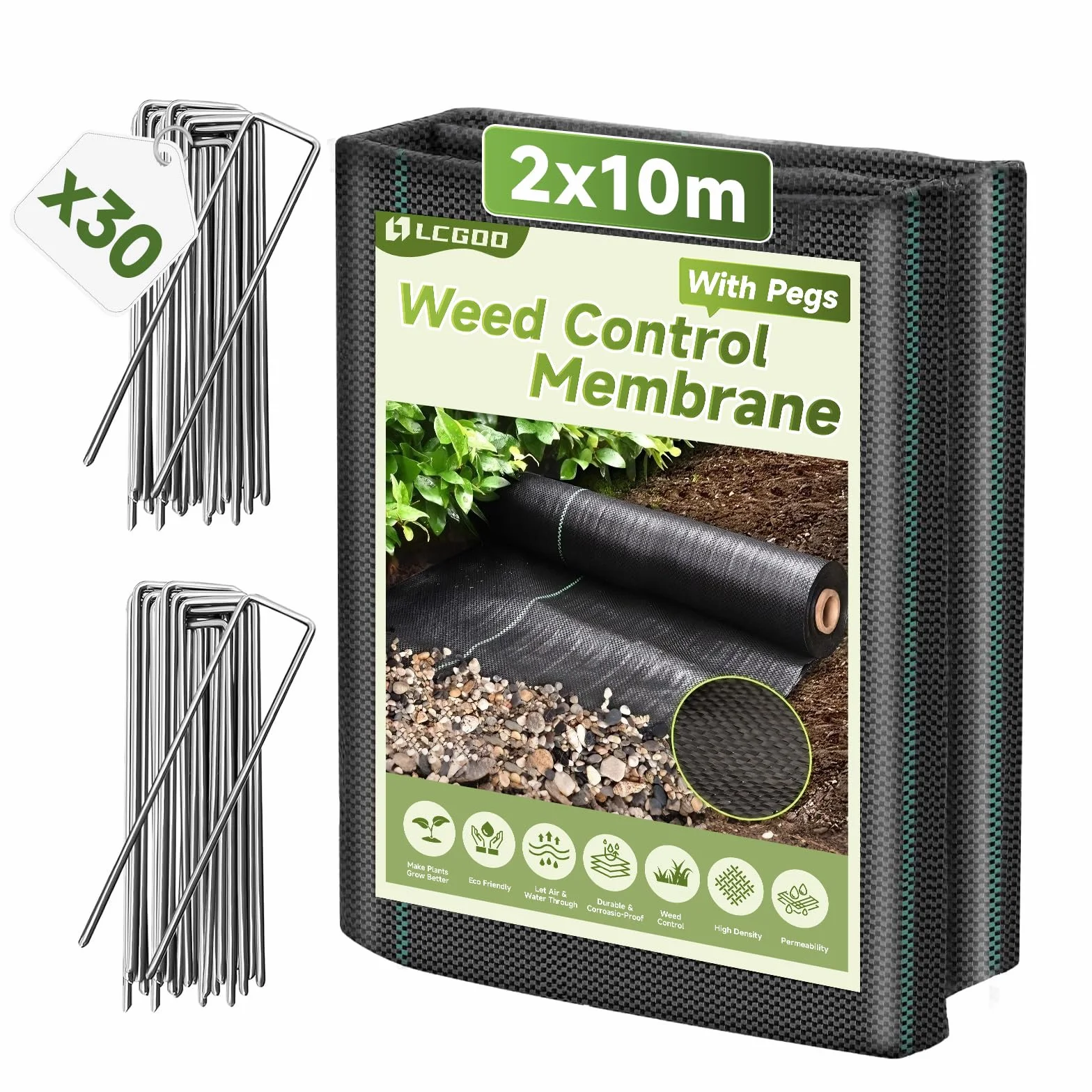 Toile de Paillage 2x10m 30 Piquets Géotextile Anti-Mauvaises Herbes Polypropylène Tissé 100g/m² Perméable à l'Eau Résiste aux UV