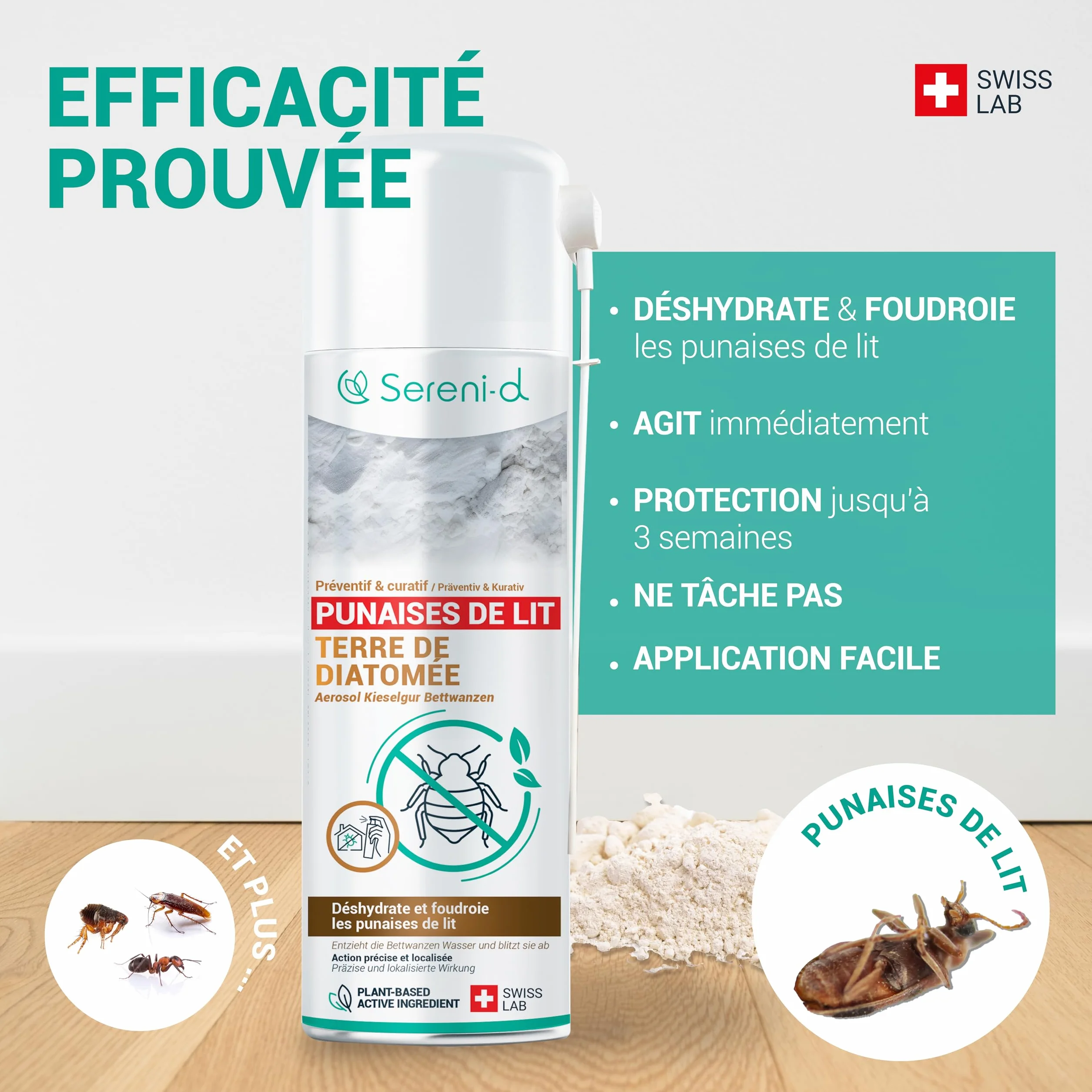 TERRE DE DIATOMÉE AÉROSOL ANTI PUNAISES DE LIT SWISS LAB 100% NATURELLE ACTION IMMÉDIATE