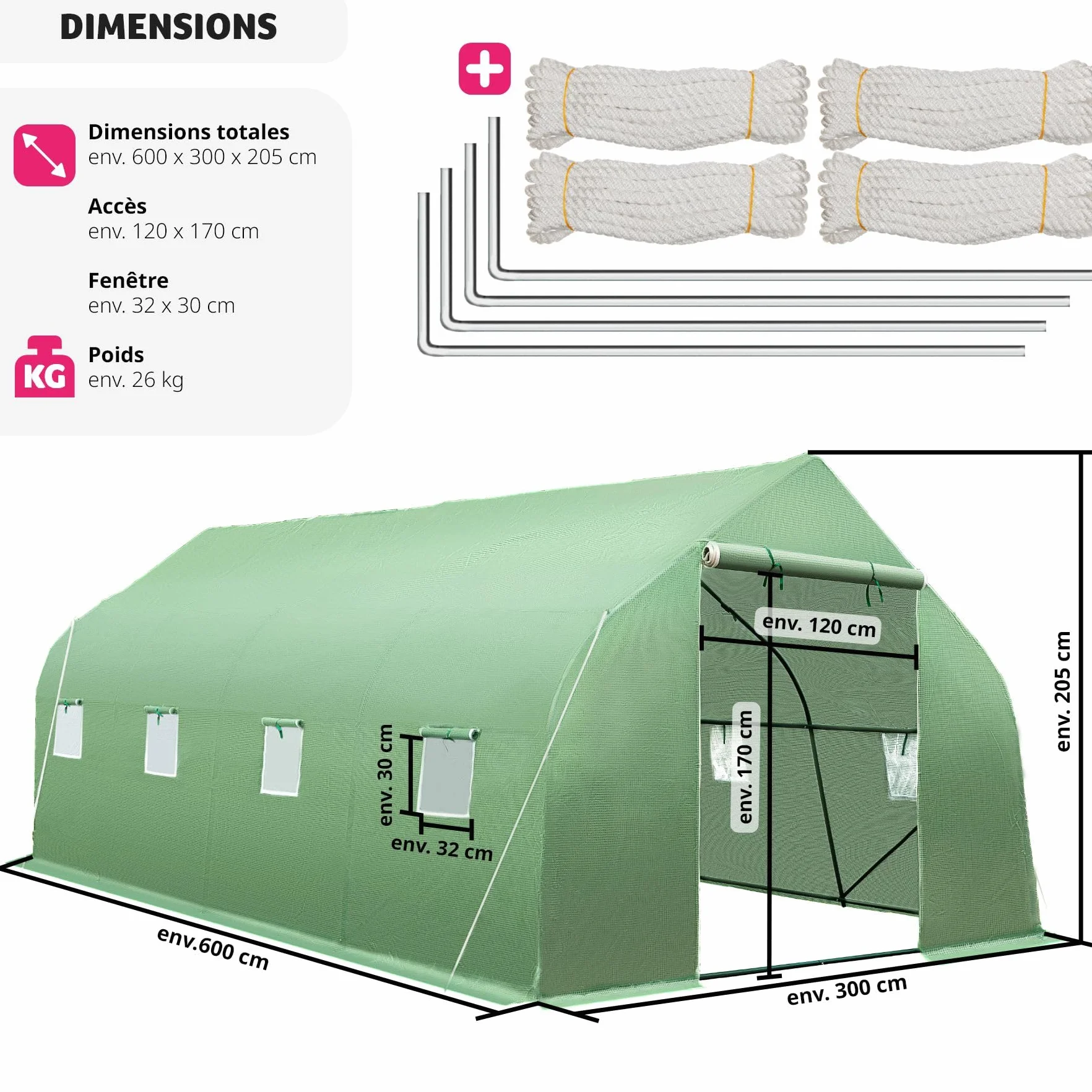 Tectake Serre de Jardin 18m2 Tunnel Acier Thermo-Laqué Anti UV 600x300x205cm