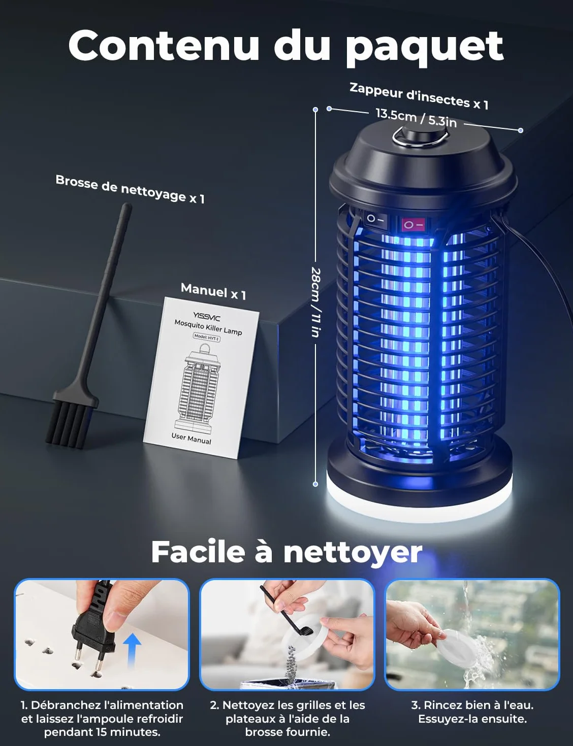 YISSVIC Lampe Anti Moustique 4200V 15W Tueur Mouche Electrique 2 en 1 LED UV IPX4 pour Extérieur et Interieur