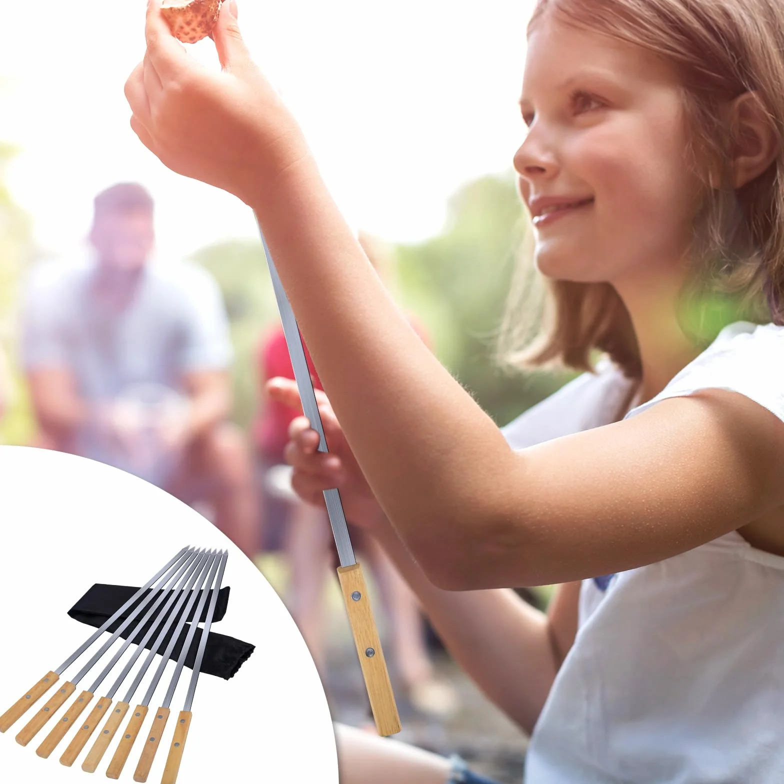Brochettes Barbecue Inox 55cm avec Poignées Bois Hêtre, Accessoire Kebab