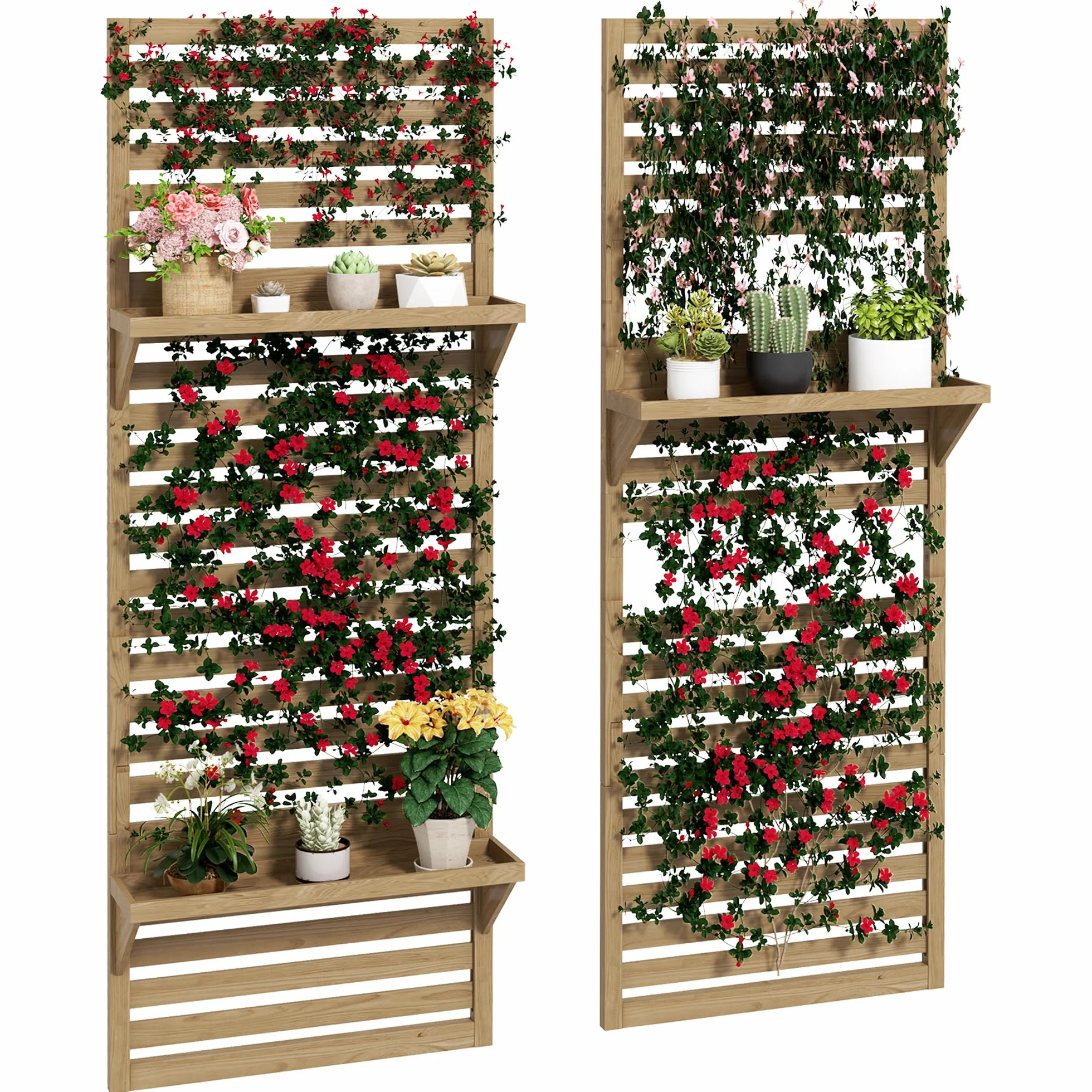 Outsunny Lot de 2 support plantes intérieur avec étagères suspendues et treillis en bois massif