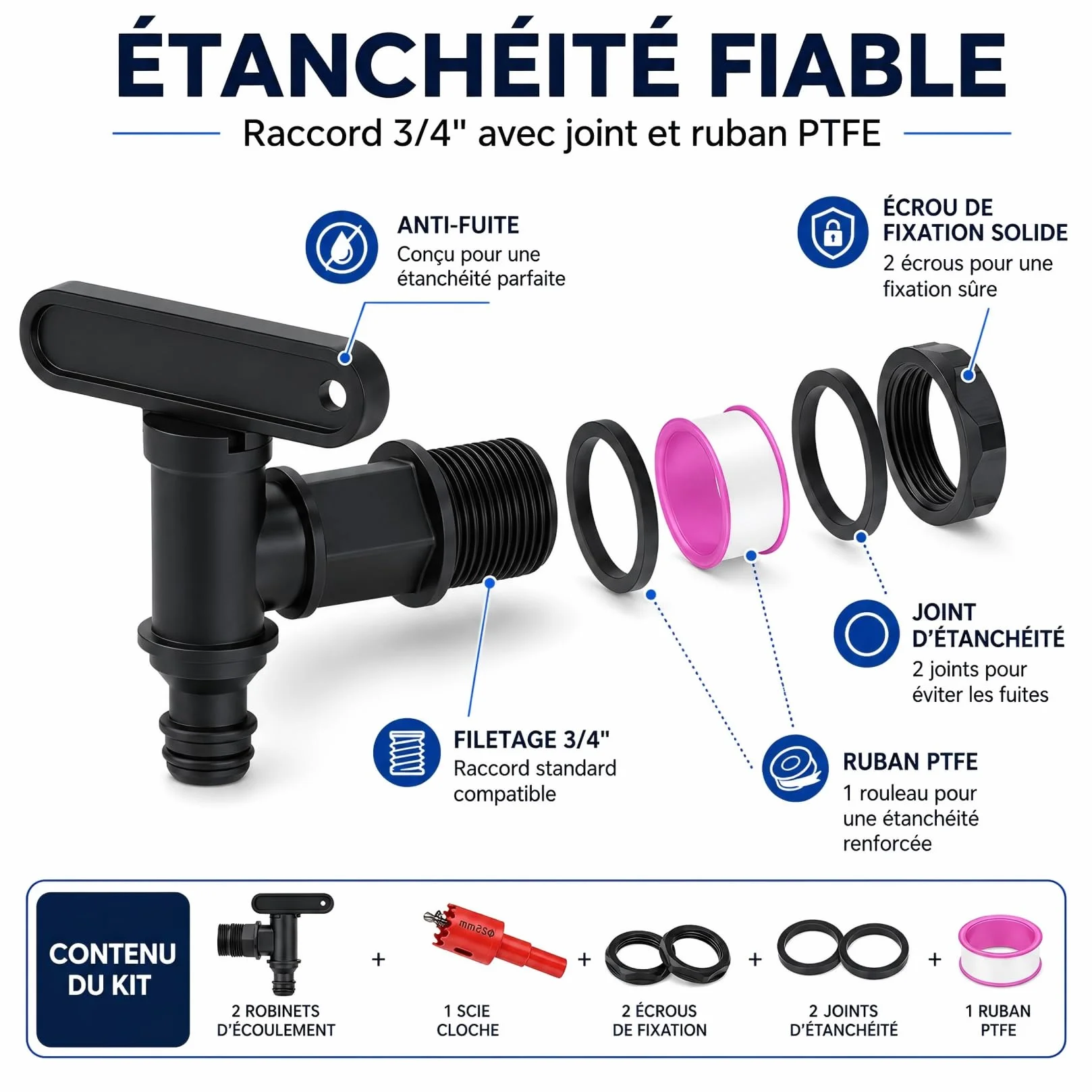 Robinets d'écoulement pour Citerne d'eau de Pluie, Lot de 2, Robinet en Plastique avec Joint, Adaptateur 3/4"