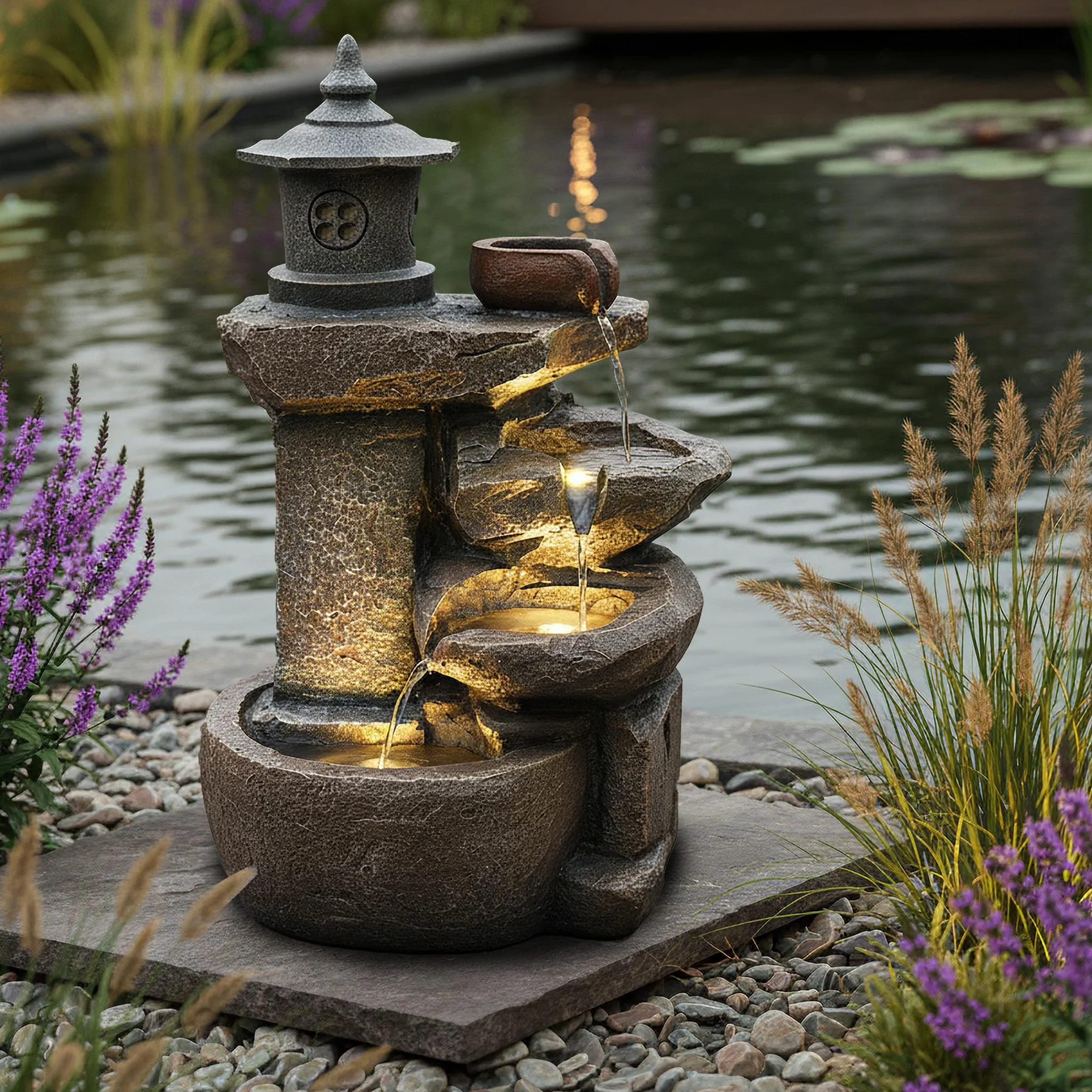 Arnusa BK851 Fontaine Cascade Avec Éclairage Marron Gris Décoration Jardin