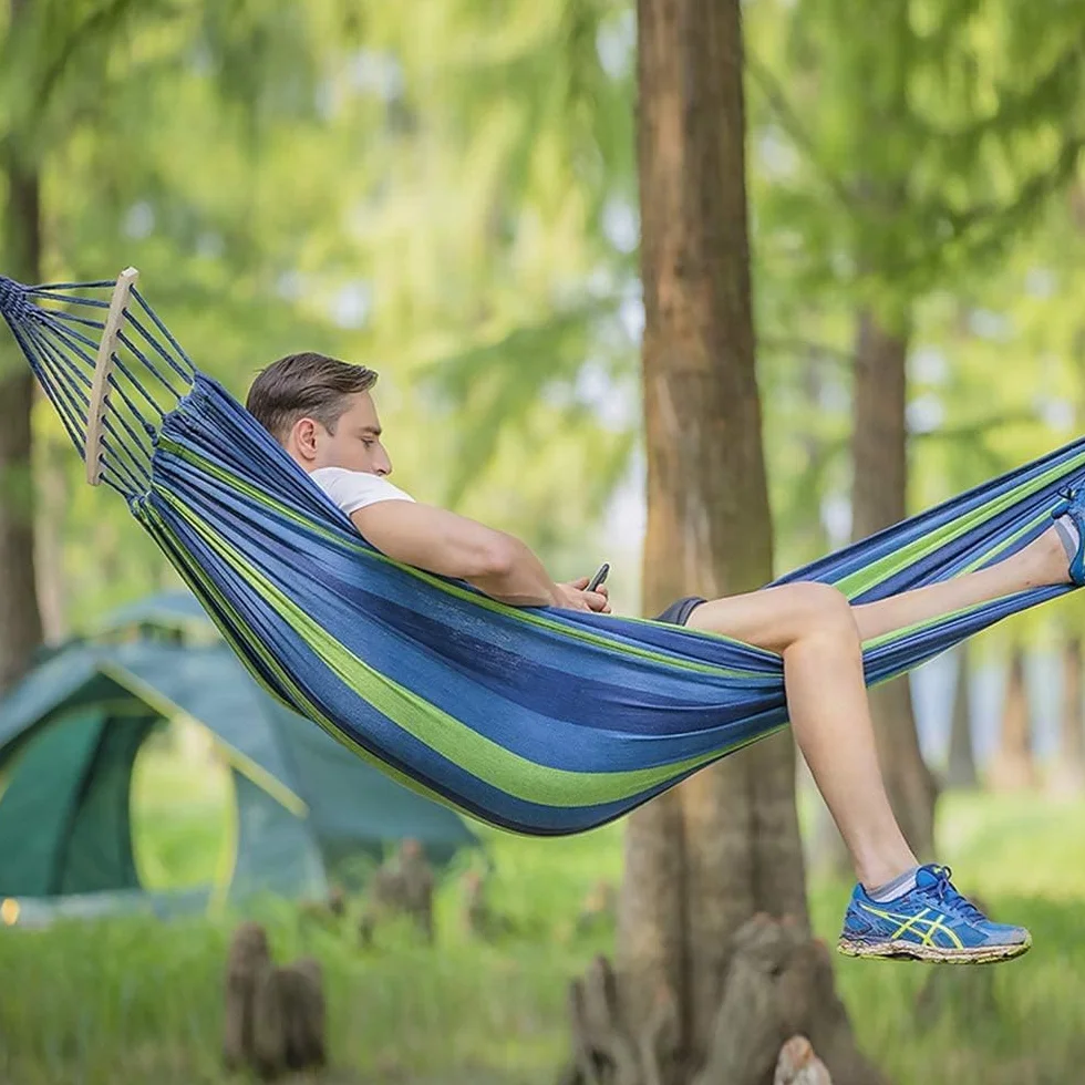 Hamac Double à Barres Capacité de Charge Statique 300 kg 280 x 160 cm Toile Extérieur Jardin Camping