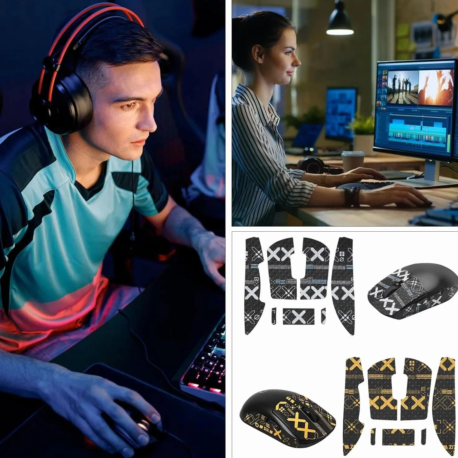 VOSSOT Lot de 2 bandes antidérapantes pour Logitech G Pro X Superlight - Antidérapantes et absorbent la transpiration - Avec forme 1:1 sur mesure - Noir et doré