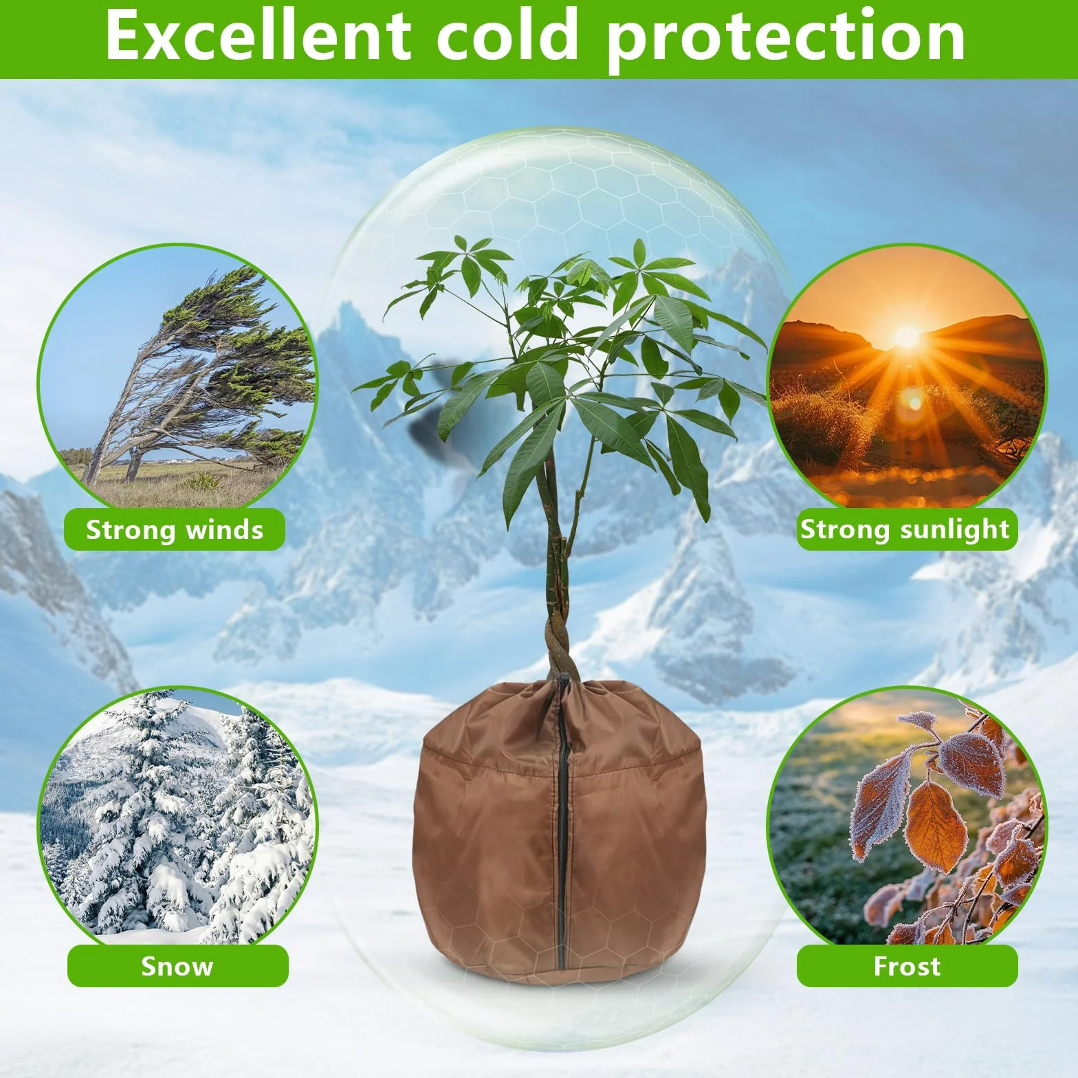 Protection Pot de Fleur Hiver 50x45cm Sac Antigel avec Fermeture Éclair Cordon de Serrage Tapis de Coco Brun