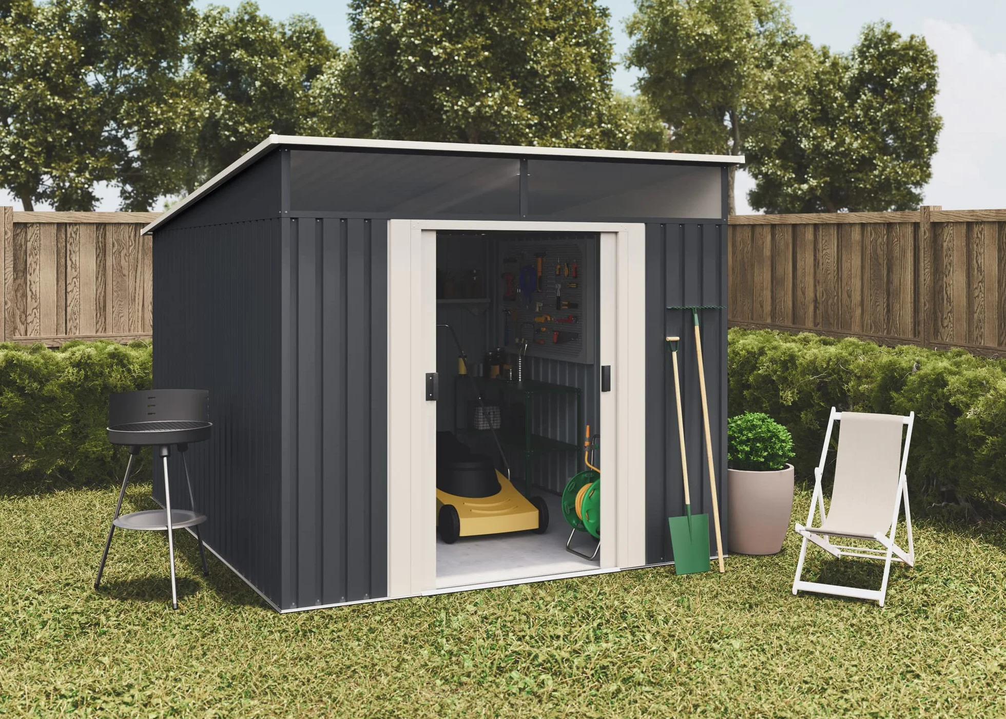 Wasabi Abri de Jardin Métal 6,6m2 Stark avec fenêtre Porte coulissante Double Toit Plat 279x238x203cm