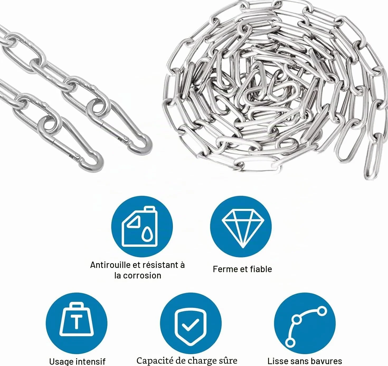 Chaîne Acier Inoxydable 2 m avec 2 Mousquetons 3 mm | Chaine acier haute résistance pour chaine cadenas, vélos, motos, portails, animaux et chaine chien