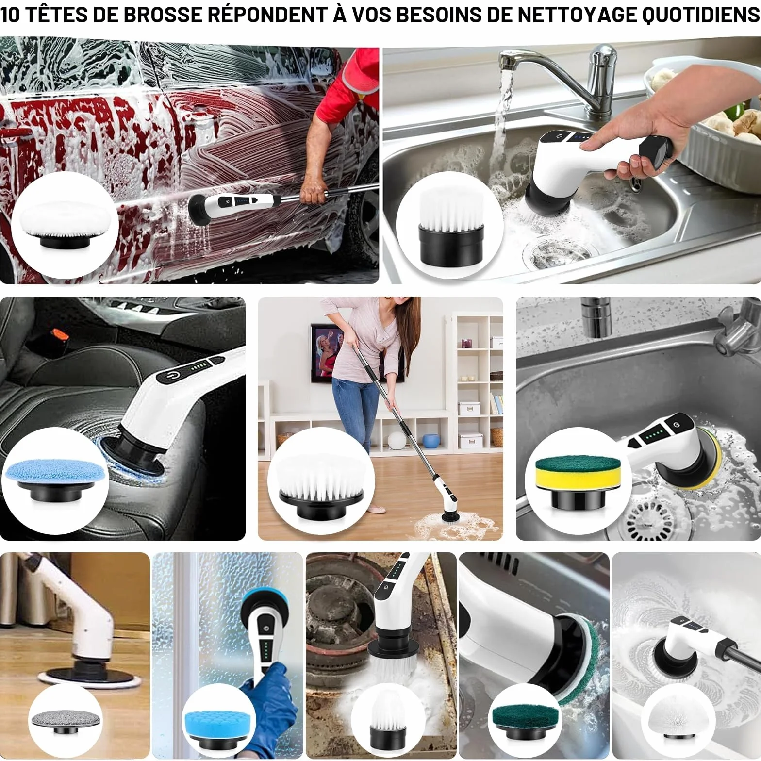 Brosse Rotative Nettoyage Electrique,avec 9 Têtes Interchangeables,Manche Télescopique Ajustable,Rechargeable Brosse Nettoyage Salle de Bainpour La Salle De Bain,La Cuisine,La Voiture,Le Sol